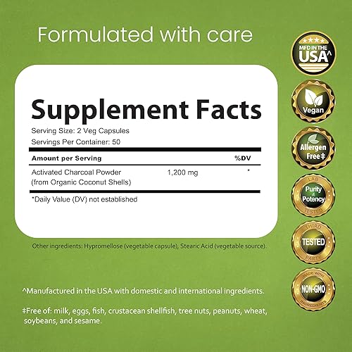 Miniatura 2 de NaturaLife Labs Carbón Activado 1200 mg por Porción – de Cáscaras de Coco – 100 Cápsulas Vegetales – Sin OGM, Sin Gluten, Vegano
