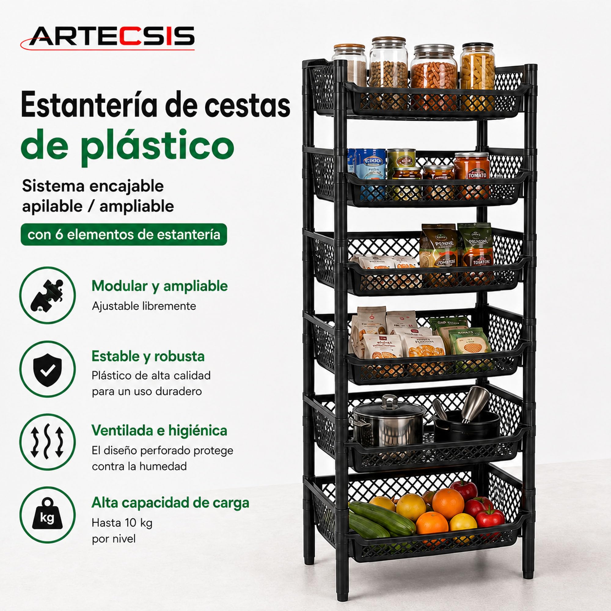 ARTECSIS - Juego de 2 estantes de Almacenamiento de plástico, 6 Niveles, 120 x 50 x 40 cm, Color Negro