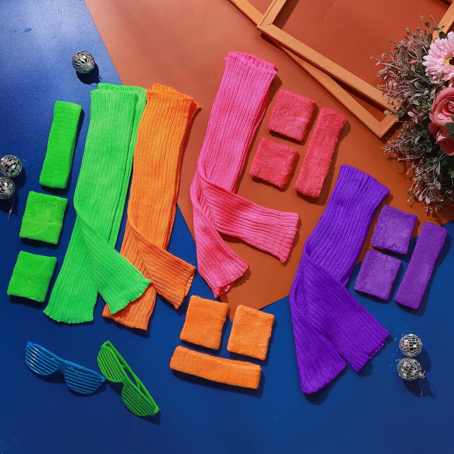 Haysandy 4 Sets 80s 90s Leg Warmers Set for Women Costume Neon Headband Rainbow Wristbands for Sport Yoga Workout Clothes - Image 4