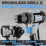 Cordless Drill & Impact Driver: DEKOPRO 20V Brushless Power Drill and 20V Brushless Impact Driver Set, Power Tool Set with 2 x 2.0Ah Batteries, Charger, Bag& 52 x Accessories-Blue