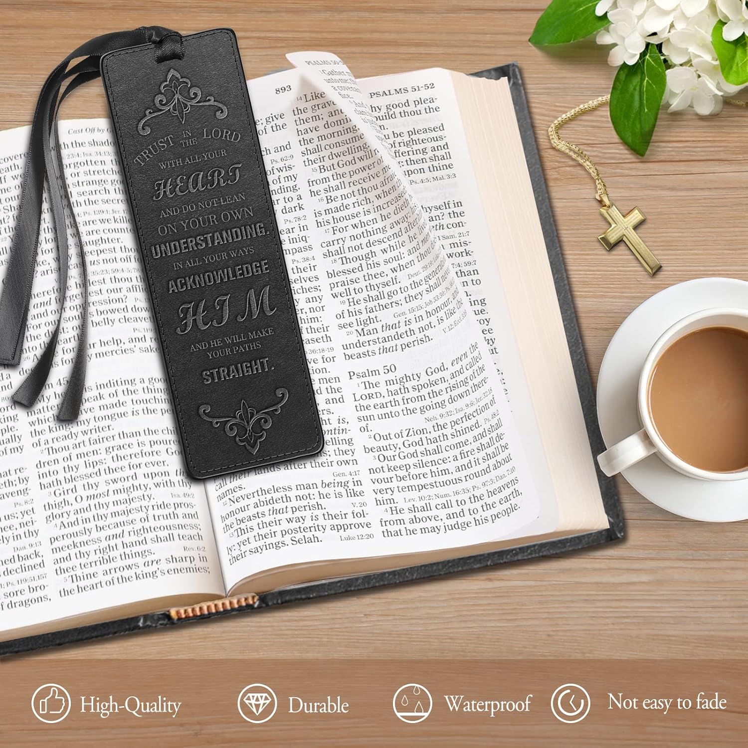 FINPAC Leather Bible Bookmarks, Vegan Religious Bookmarks, Bible Verse Book Markers Church Gifts for Women Men [Trust in The Lord with All Your Heart] - Black - Image 3