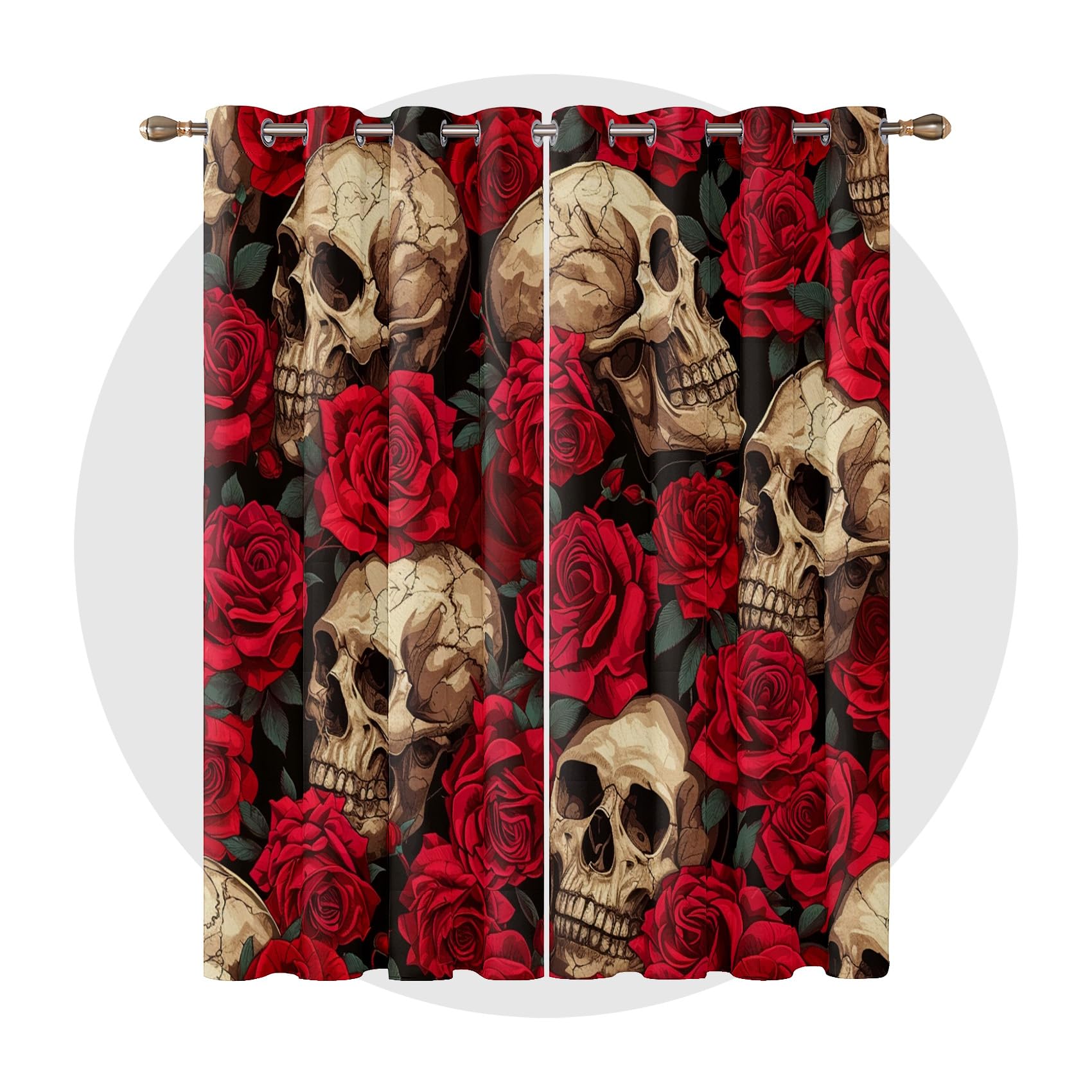 Skull Decorations for Home - Skull Curtains for Bedroom Living Room - Gothic Red Rose Floral Skeleton Blackout Curtains, Flower Goth Scary Eyelet Curtains & Drapes, 46 x 72 Inch (W x D) 2 Panels