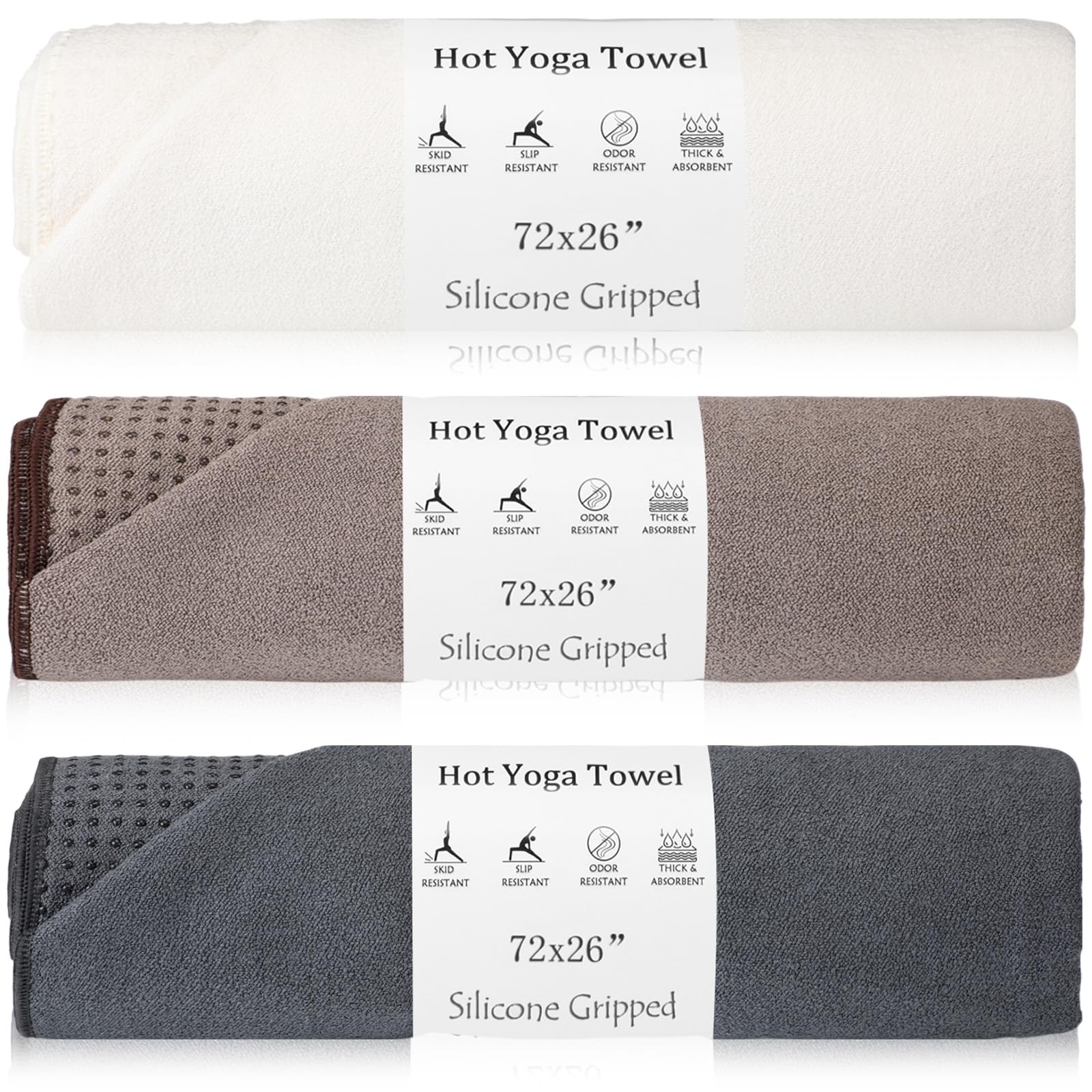 Hahafelt 3 Pack Hot Yoga Towel Non Slip 72" x 26" Extra Large Microfiber Yoga Mat Towel with Grip Dot Absorbent Sweat Anti-Slip Mat Cover for Pilates Fitness(Beige Dark Gray Coffee)