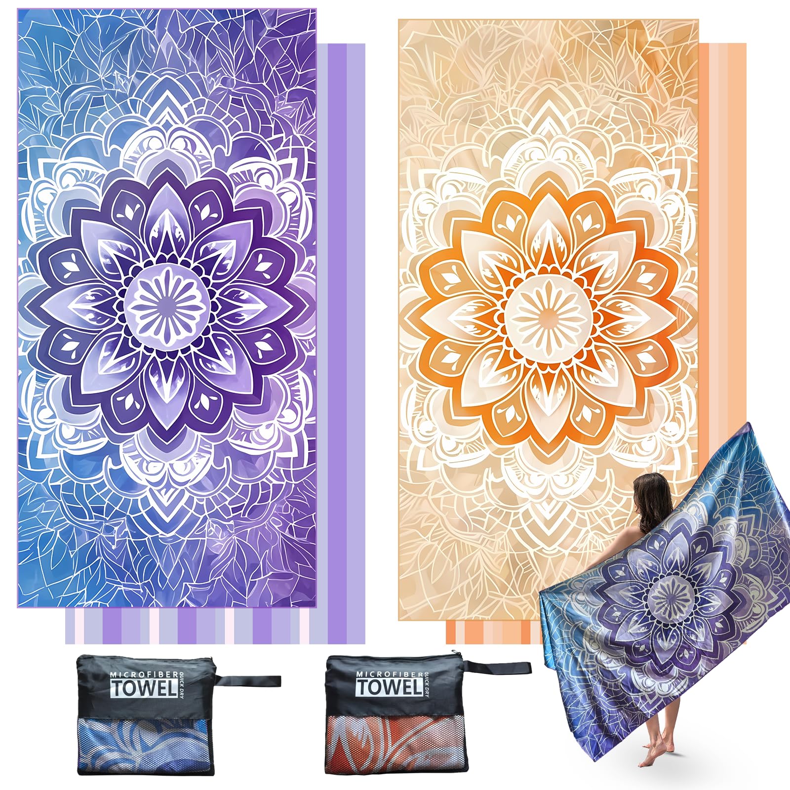 2 Pack Microfibre Beach Towels for Adults 180 × 90 cm Quick Dry Beach Towel with Double Side Print