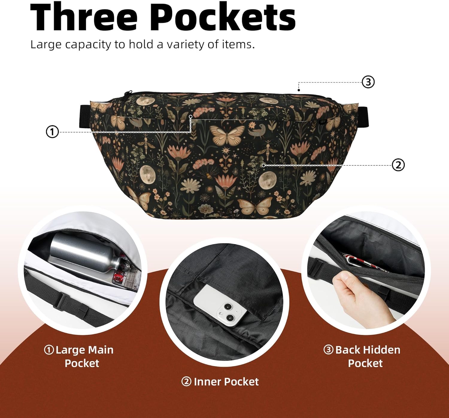 Running Waist Pack Vintage Butterfly Moon Flower 2-in-1 Fanny Pack and Crossbody Bag Hiking Daypack for Men Women Running Travel Hiking Daily Commute - Image 4