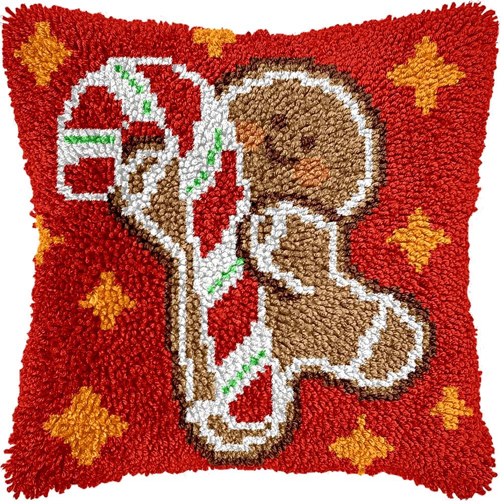 QIONG MENG Latch Hook Kits for Adults, DIY Christmas Gingerbread Pattern Pillow Cover Kit Needlework Cushion Cover Hand Craft Crochet for Home Sofa Decorations 17 x 17 Inch