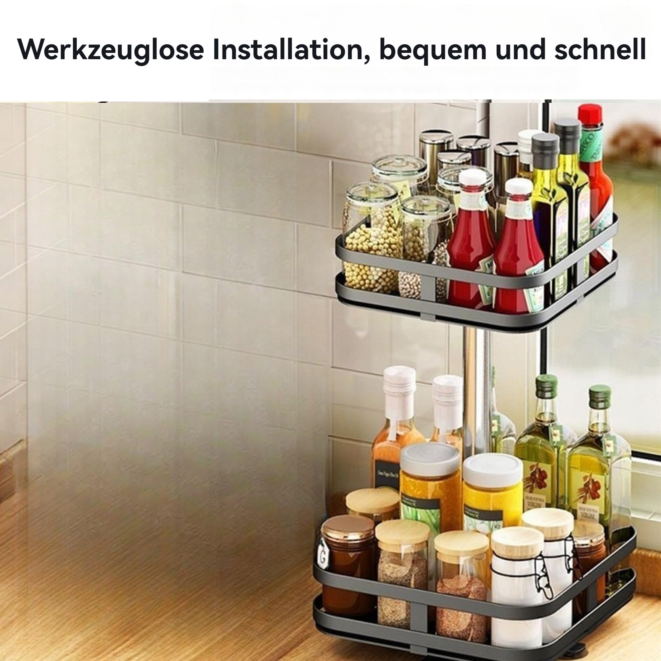 Drehbarer Organizer 2 Etagen Schwarz Küchenregal Stehend 360° Küchengewürzen Küchenregal Arbeitsplatte Eckregal Küche Gewürzregal Stehend Ohne Bohren Lazy Susan Bohren für Gewürzgläser, Kosmetik(W01)