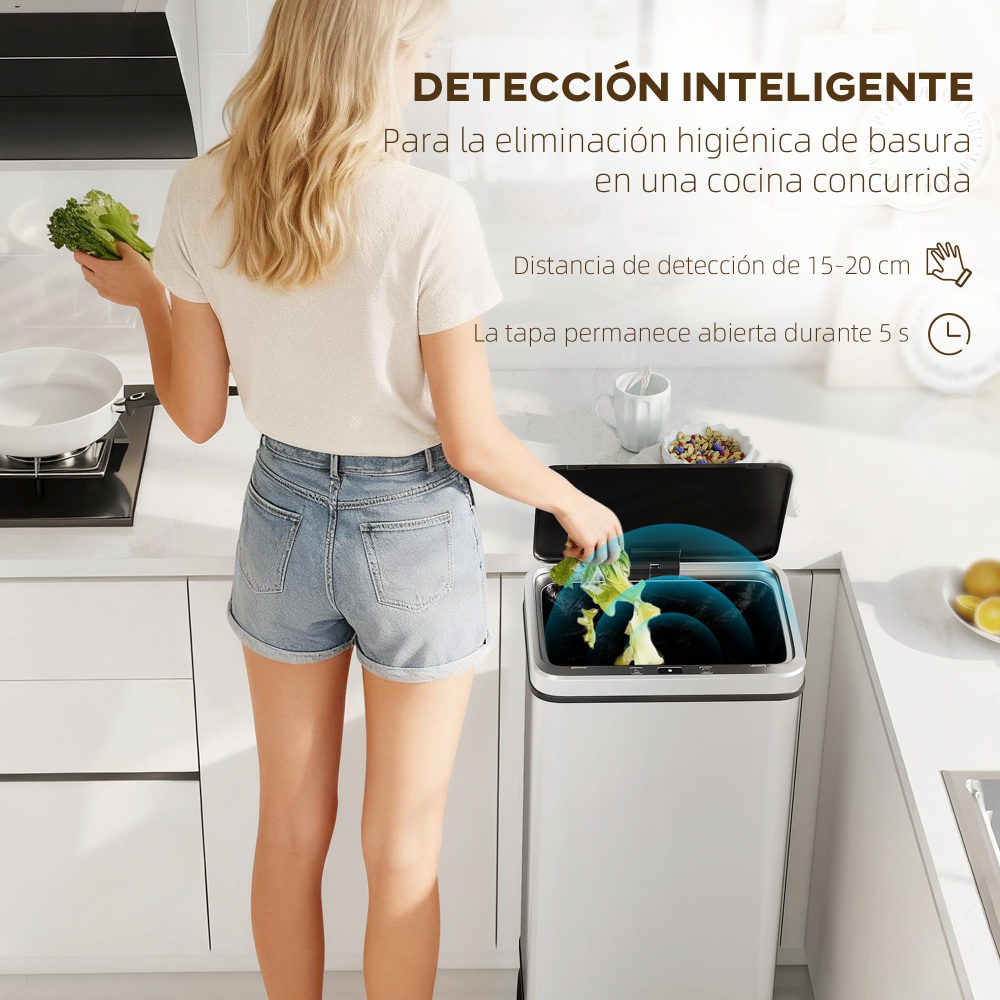 HOMCOM Cubo de Basura Cocina Automático 50 L con Sensor Infrarrojo Plata | Papelera de Cocina de Acero Inoxidable, Cierre Suave, Patas, Anillo de Retención, Antihuellas, para Oficina, Hogar