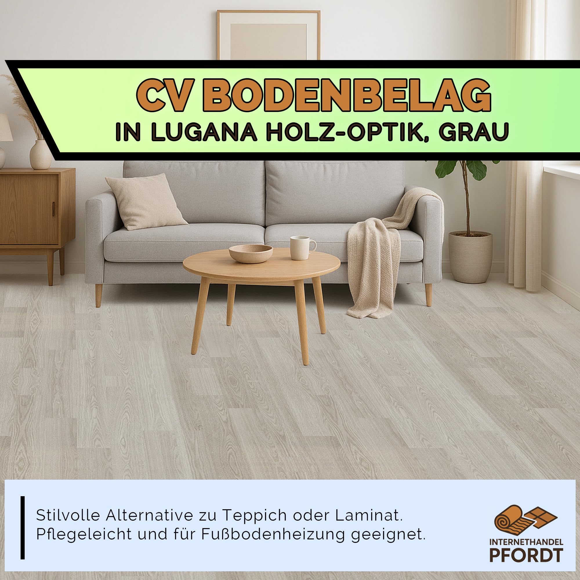 CV Bodenbelag Lugana Holz Optik Grau, 350x200 cm, pflegeleichter PVC Vinylboden in Holzoptik, Meterware für Küche und Wohnzimmer