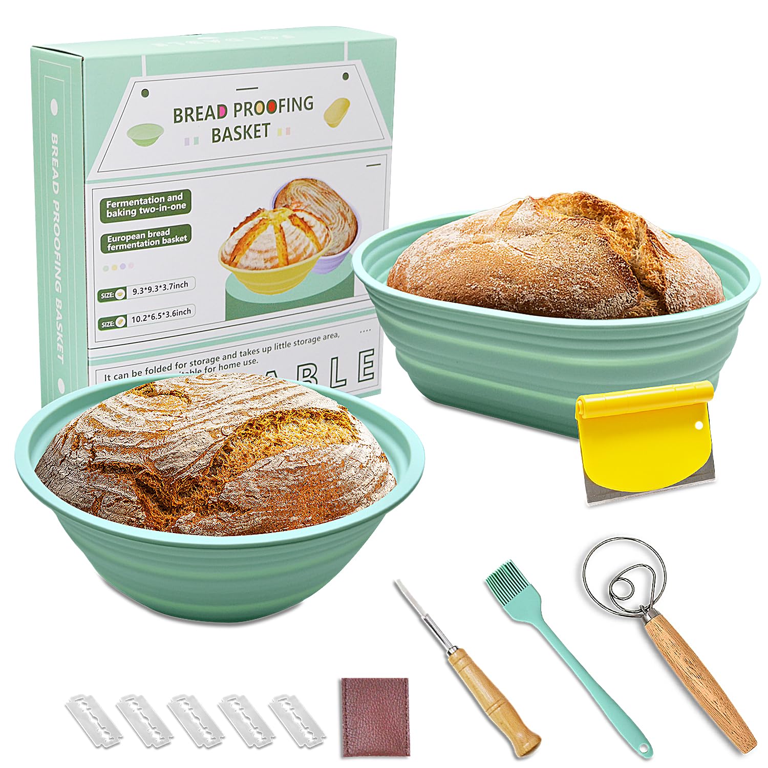2 Pack Banneton Bread Proofing Basket, Silicone Sourdough Baking Basket, 9 Inch Round & 10 Inch Oval Collapsible Proofing Bowl Supplies Set Tool Sourdoughs Kit, Easy to Clean and Storage
