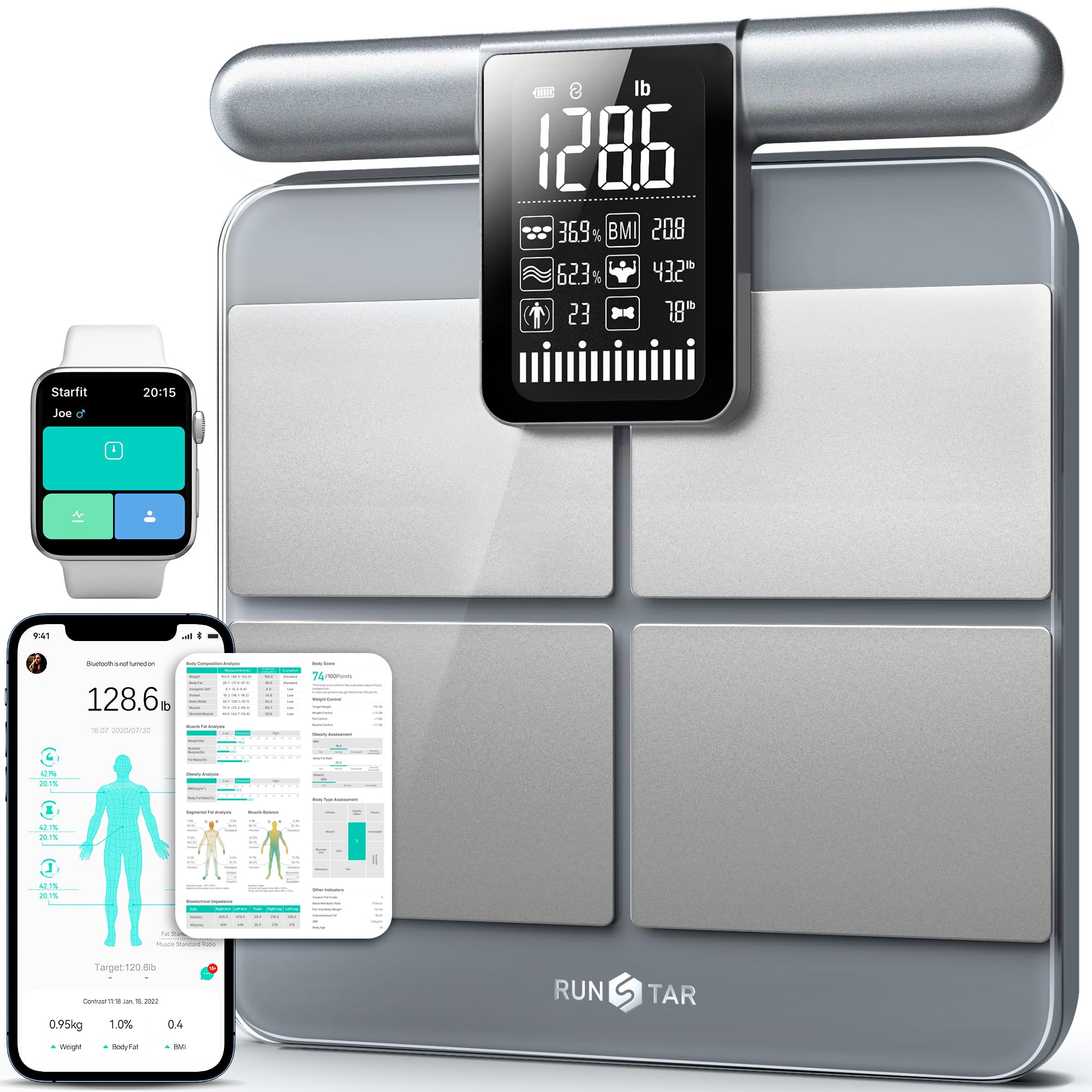 Runstar Scale for Body Weight and Fat Percentage, 8-Electrodes Precision Digital Smart Scale for BMI 28 Body Composition Measurement, Silver Bathroom Smart Scales with Large Display