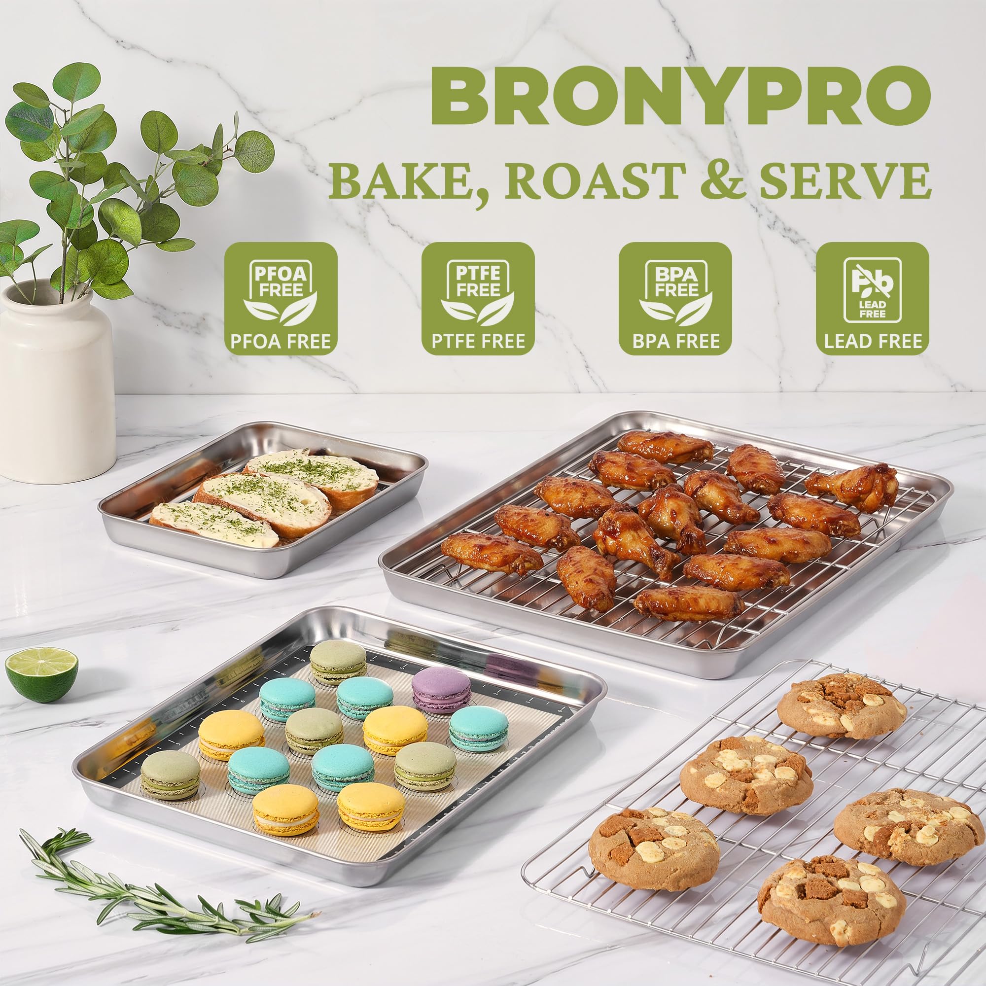 BRONYPRO Juego de bandejas para hornear de acero inoxidable 18/8 (2 | Hojas de galletas sin revestimiento con estante de alambre y alfombrillas de silicona macaron, no tóxicas (libre de PFA y