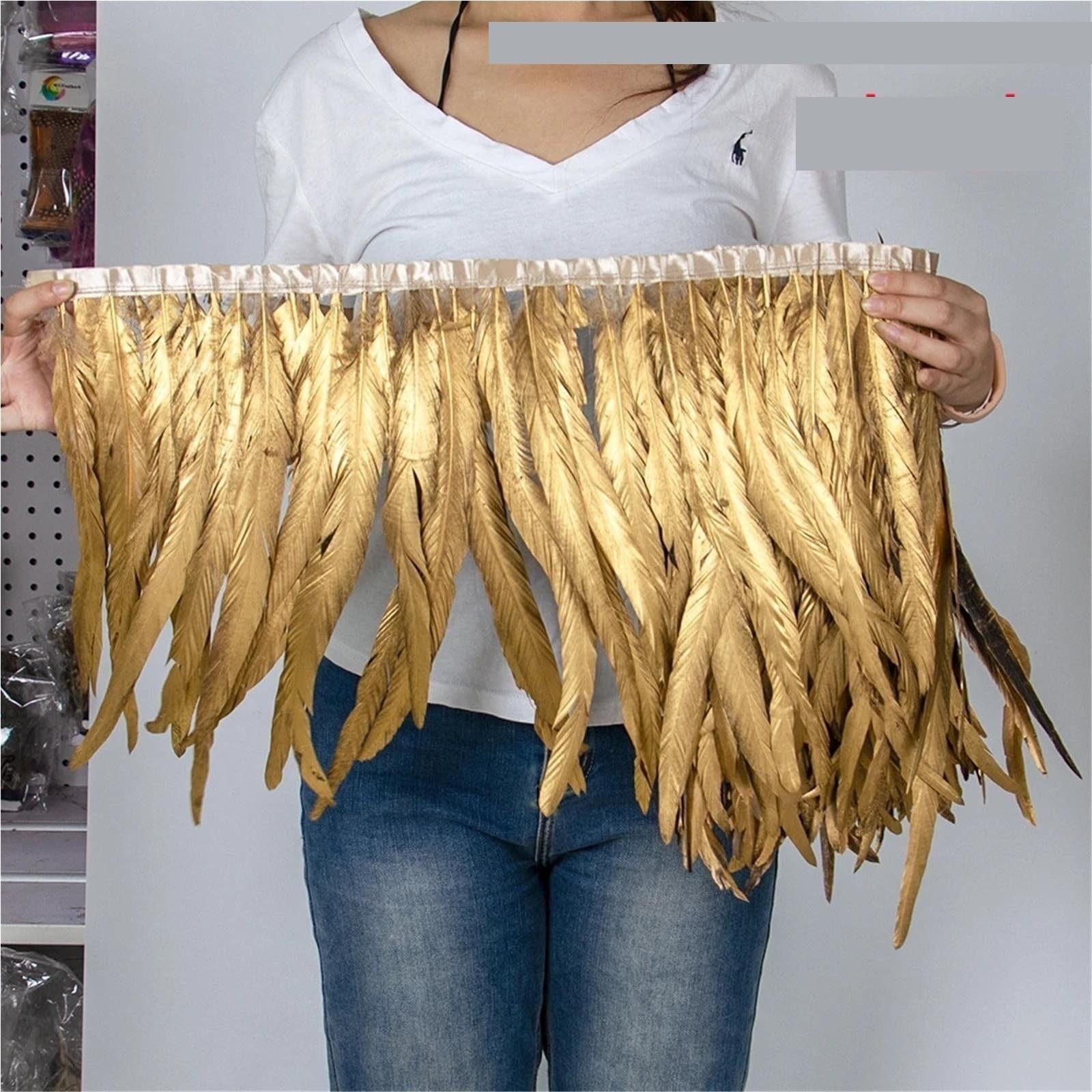 Nastro con frange da 1 m piume di gallo dorato