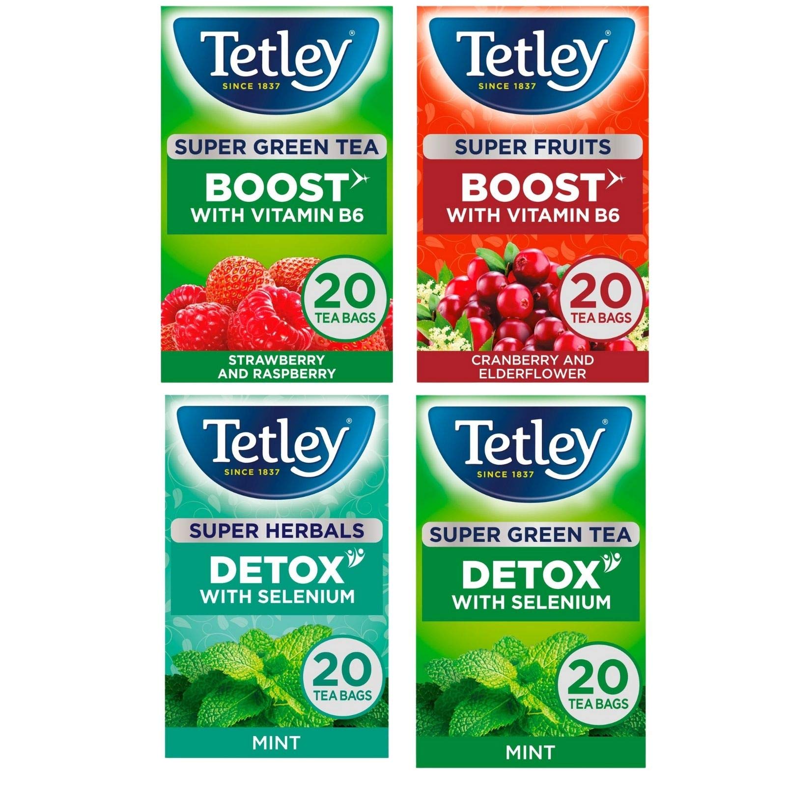 Tetley Super Fruits Boost & Detox With Vitamin B6 & Selenium 4 boxes 80 Tea Bags Bundle