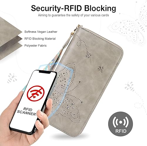 Miniatura 6 de Cartera RFID para mujer, cartera de gran capacidad con mariposa, cartera de teléfono celular, carteras de mano para mujer, carteras de pulsera para