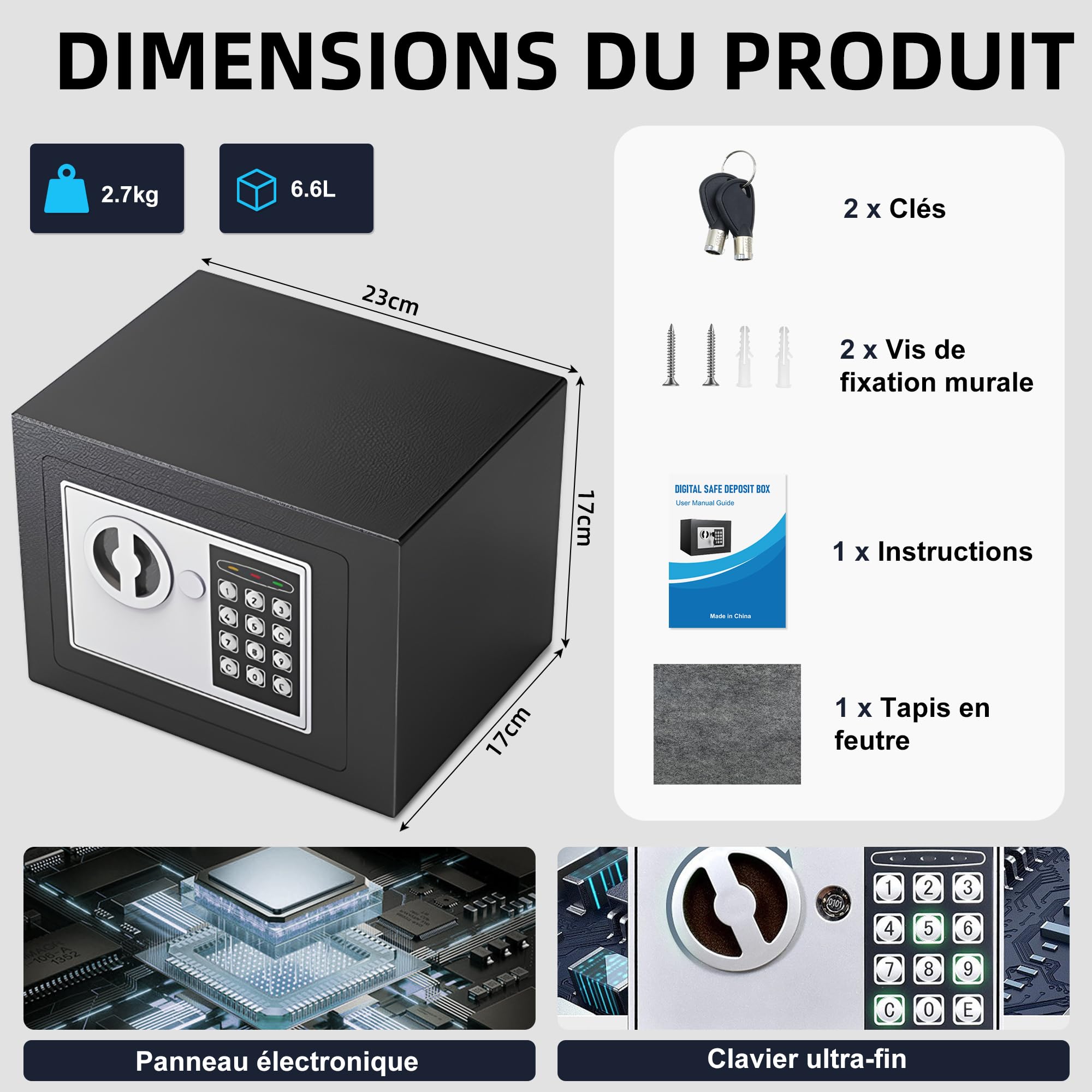 SINZUX Caja fuerte 6.6L con código electrónico, alta seguridad, compacta, empotrable antirrobo, para hogar/oficina/hotel/coche. Protege joyas, efectivo, armas y otros bienes. Incluye llave.