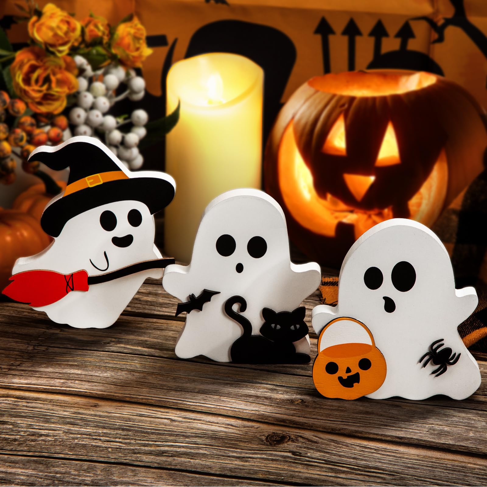 3PCS Halloween Ghost Gifts Funny Ornament Decorations Black Cat Bat Witch