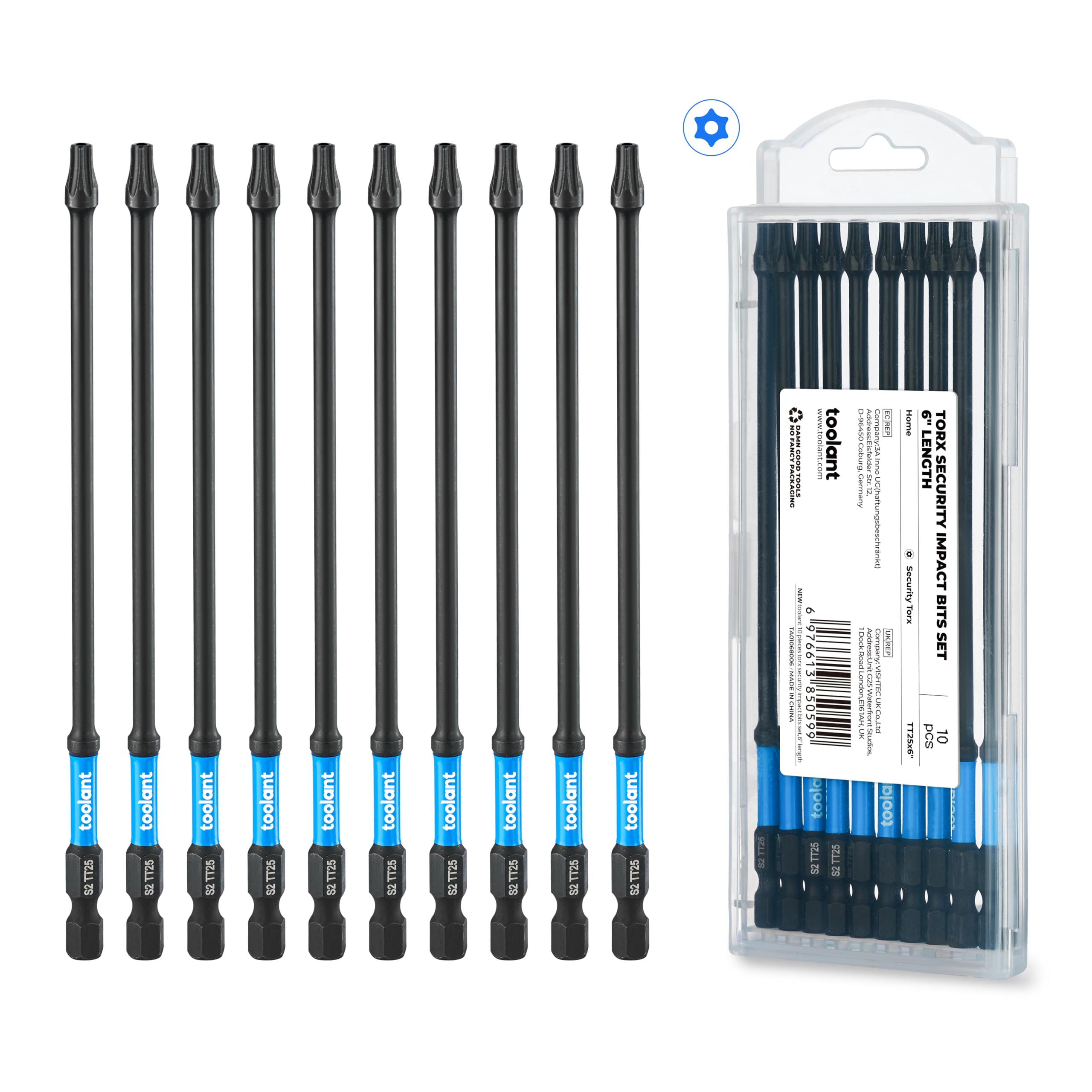 toolant 10PCS 6" Impact Long Torx Bit Set TT25 S2 Steel Security