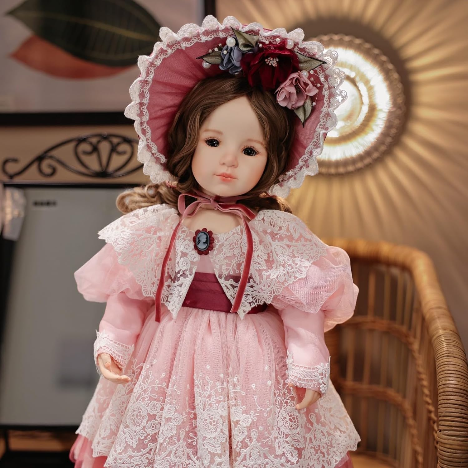 18 Inch Porcelain ＆ Fabric Doll, European Retro Handmade Ceramic Doll with Showing Stand for Room Decor, Birthday Gifts, Collectible，Name Lilian (Pink)