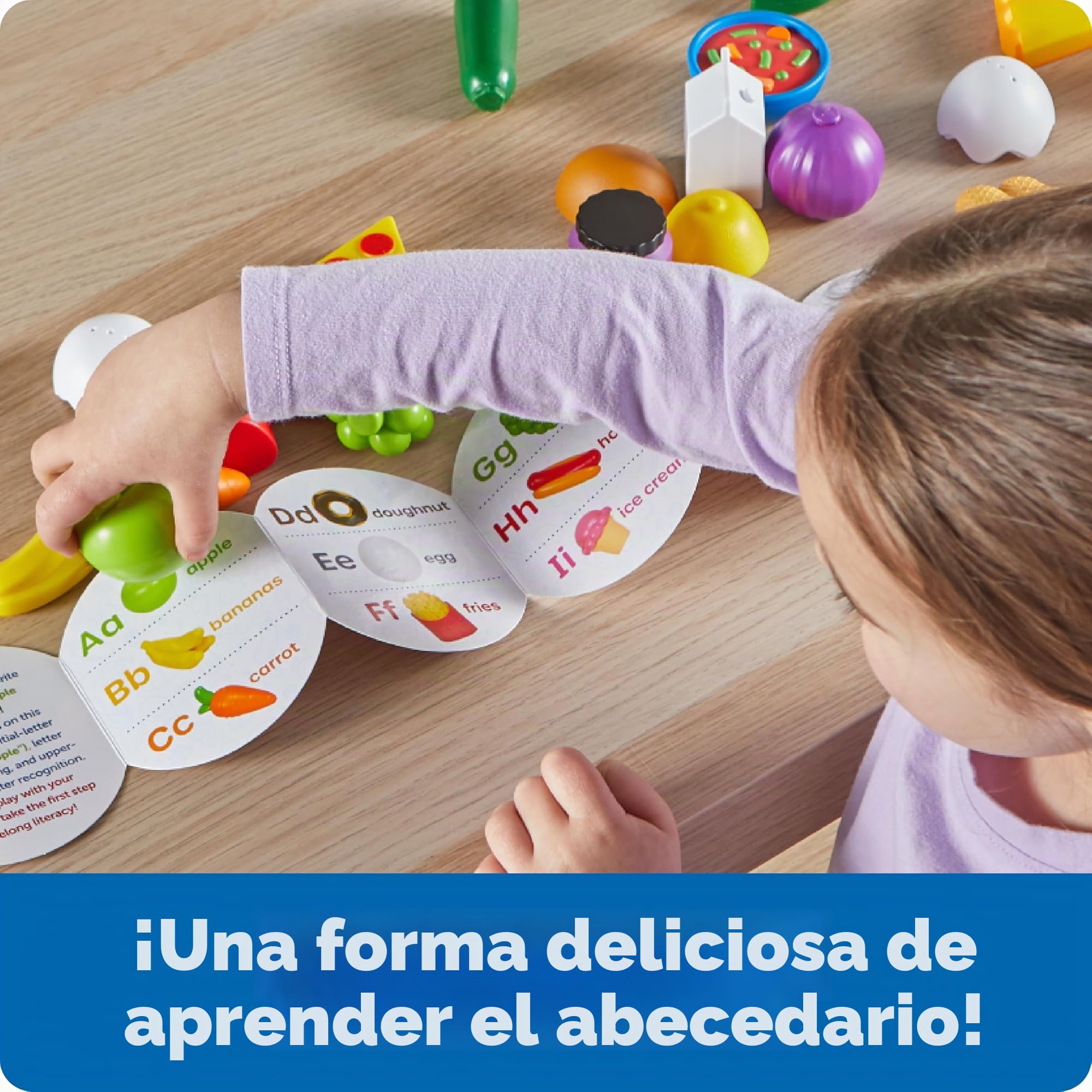 Learning Resources Alafabeto Mini Alimentos de la A à Z, Aprendizaje del Alfabeto y 26 Alimentos en Inglés, Envase Práctico de Almacenamiento, Guía Multilingüe, Juguete Educativo, Niños y Niñas 3 4 5+