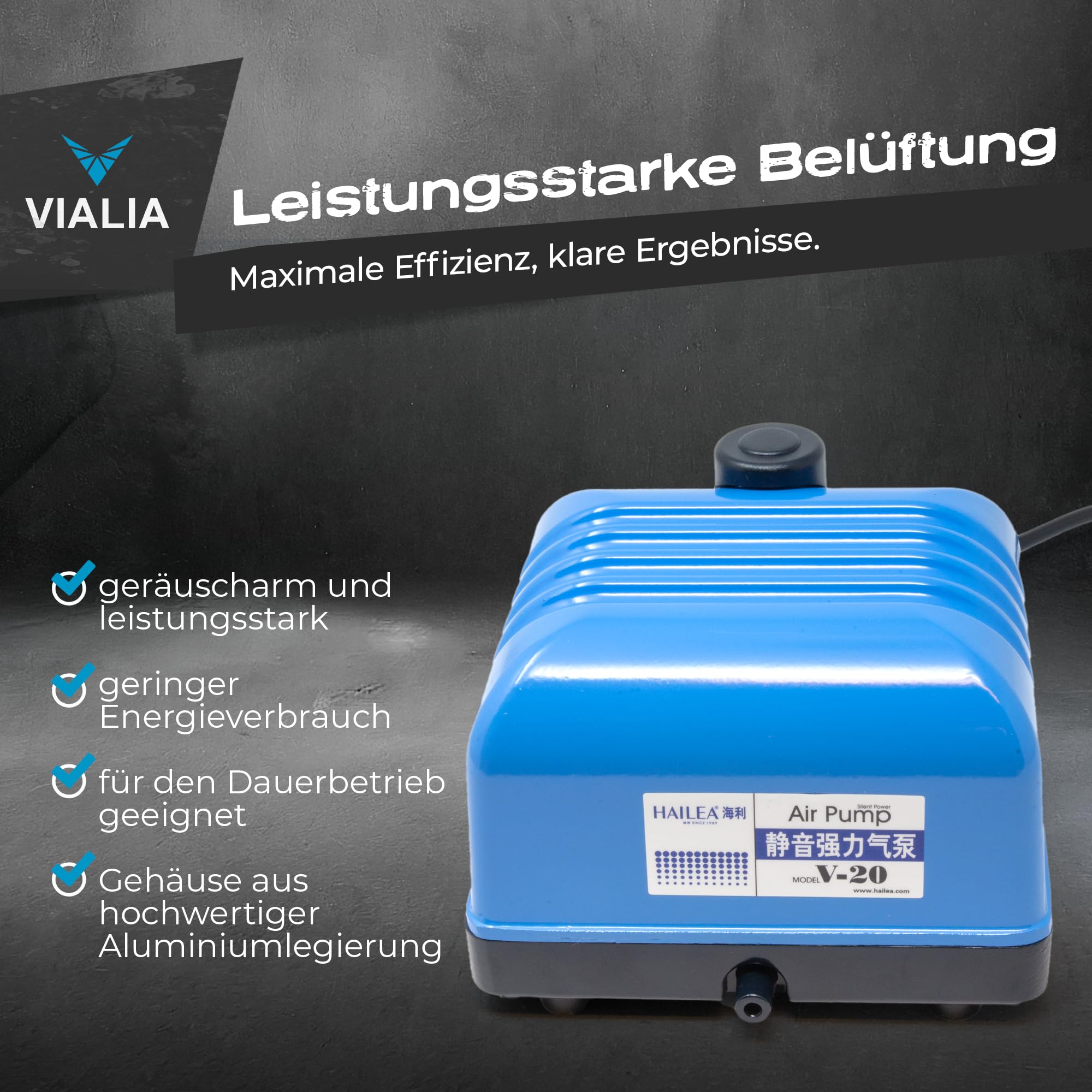 Teichbelüfter V-20 | Leistungsstarke 20W Sauerstoffpumpe | Hoher Luftstrom durch doppelte Luftkammer | Robustes Aluminiumgehäuse & einfache Wartung | Ideal für Koi- & Gartenteiche