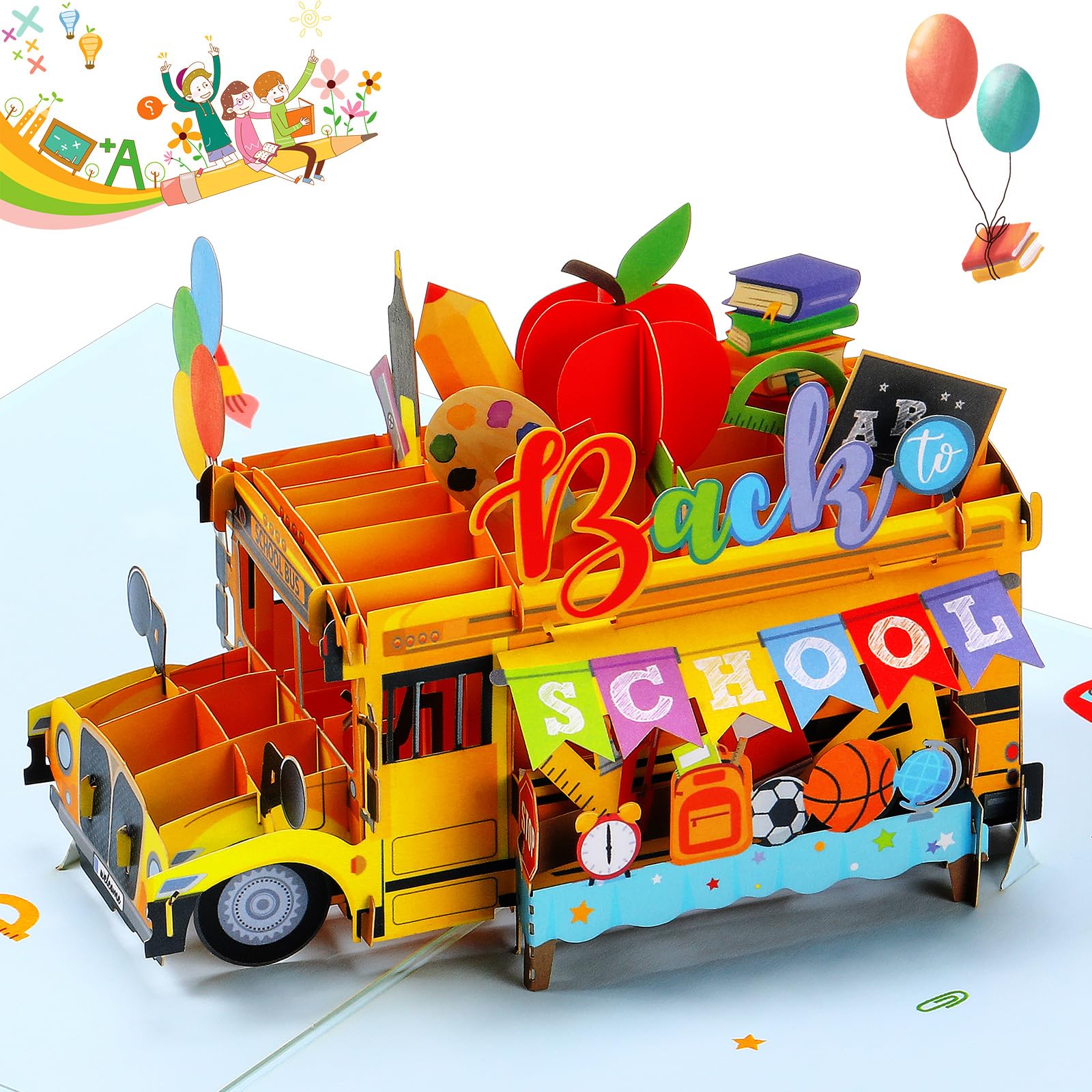 Teling Tarjeta desplegable de regreso a clases con sobre para niños, tarjeta de felicitación 3D para el primer día de escuela, autobús escolar, tarjetas de regalo para estudiantes de aula, nota de