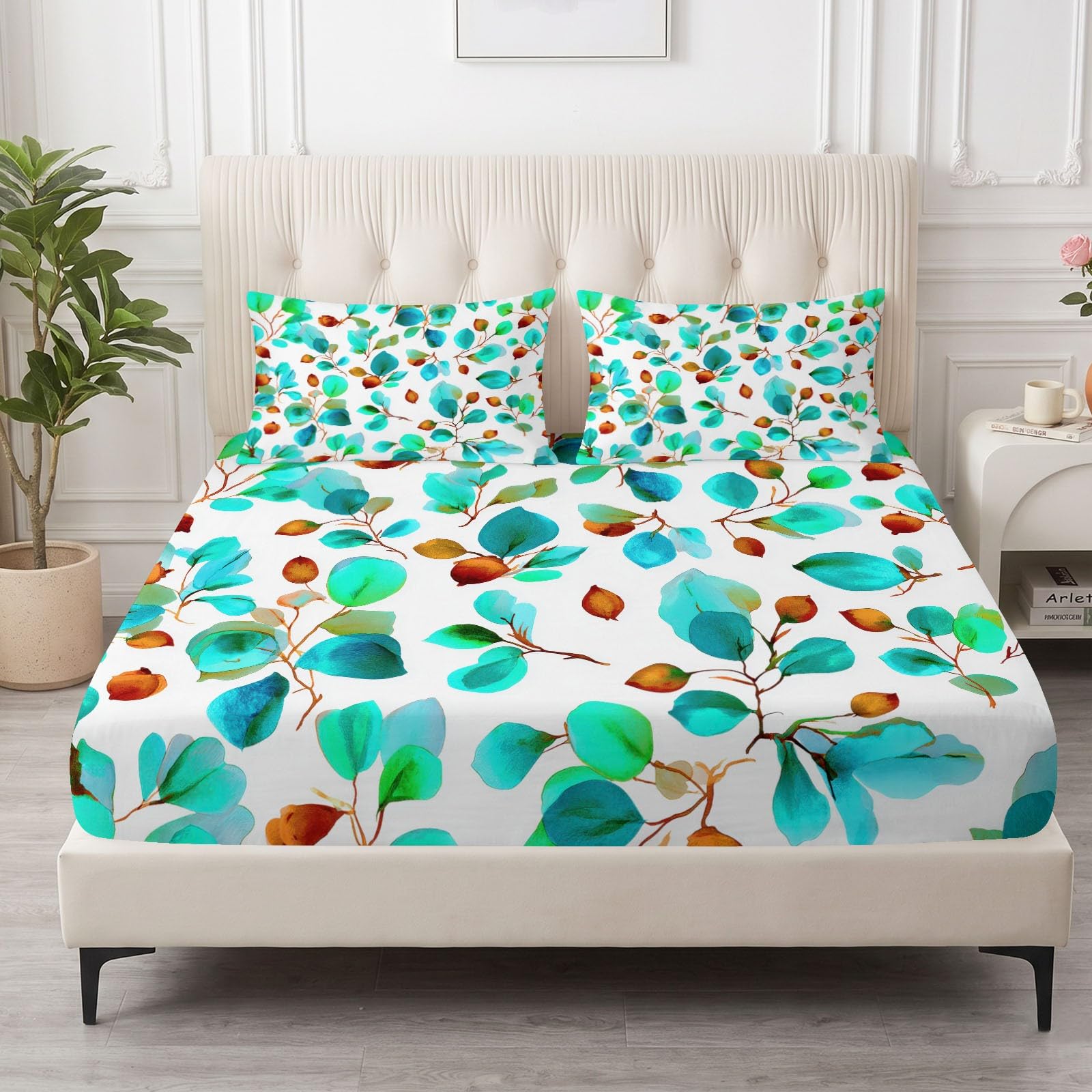 Juego de 3 sábanas bajeras ajustables de 140 x 200 cm para cuna, plantas de acuarela, sábana bajera de microfibra transpirable, sábana bajera con hojas verdes y 2 fundas de almohada con cremallera