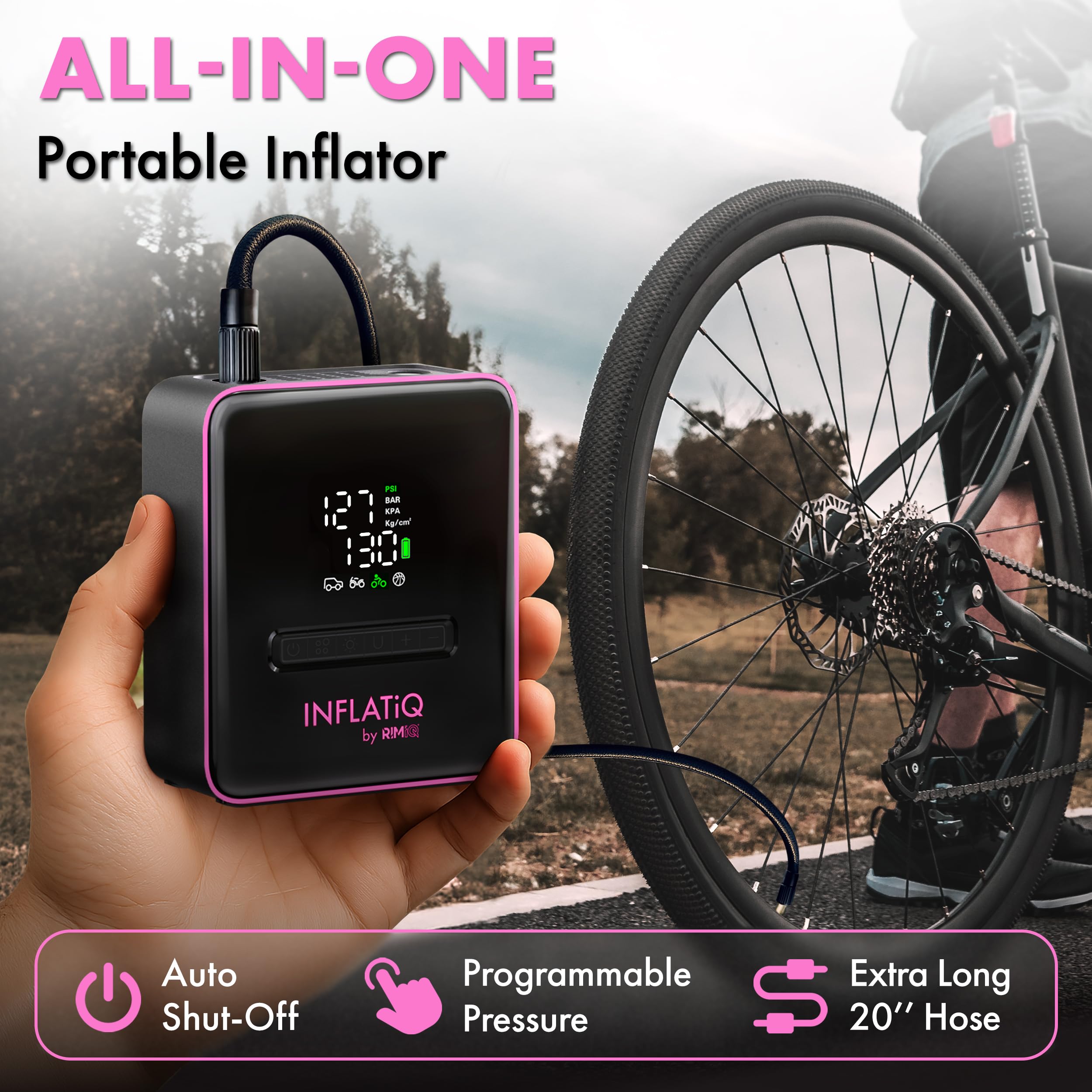 Inflador de neumáticos INFLATiQ by RIMiQ P – Potente y galardonada tecnología QWIKFLOW con 2 opciones de energía portátiles incluidas, bomba de aire fuerte para vehículos, camiones, automóviles