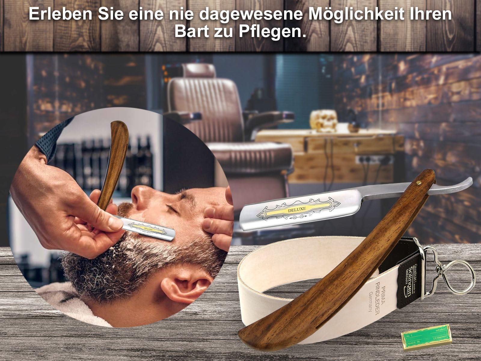 InstrumenteNRW Solingen Rasiermesser Set mit Holzgriff und Goldätzung - Traditionell für Herren - Brown, Gold - Made in Germany