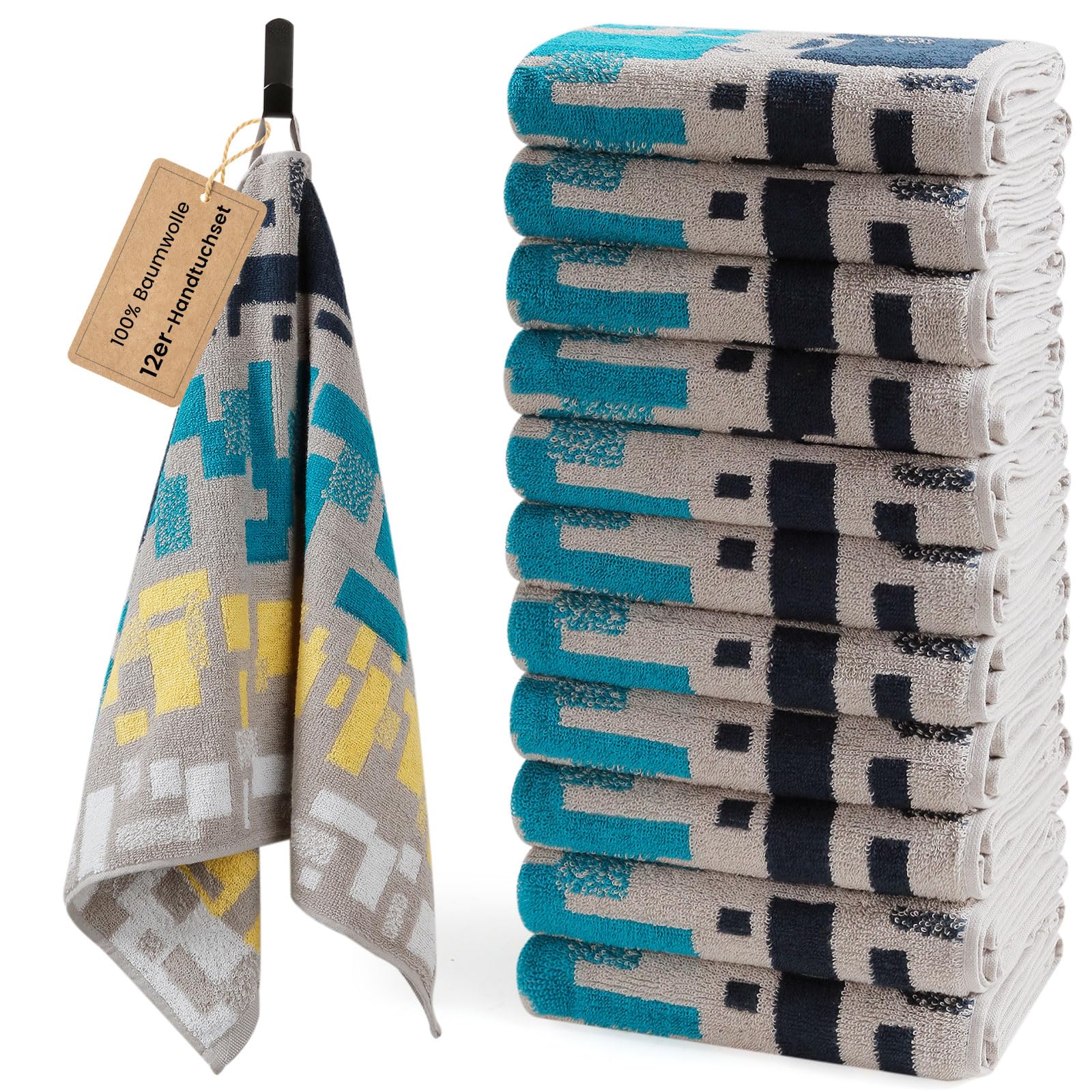 SEMAXE 12er-Handtücher Set im Skandinavischen Karo-Design, aus 100% Baumwolle, Oeko-TEX Zertifiziert, weich & saugstark, mit praktischen Aufhängebändern, in Geschenkbox