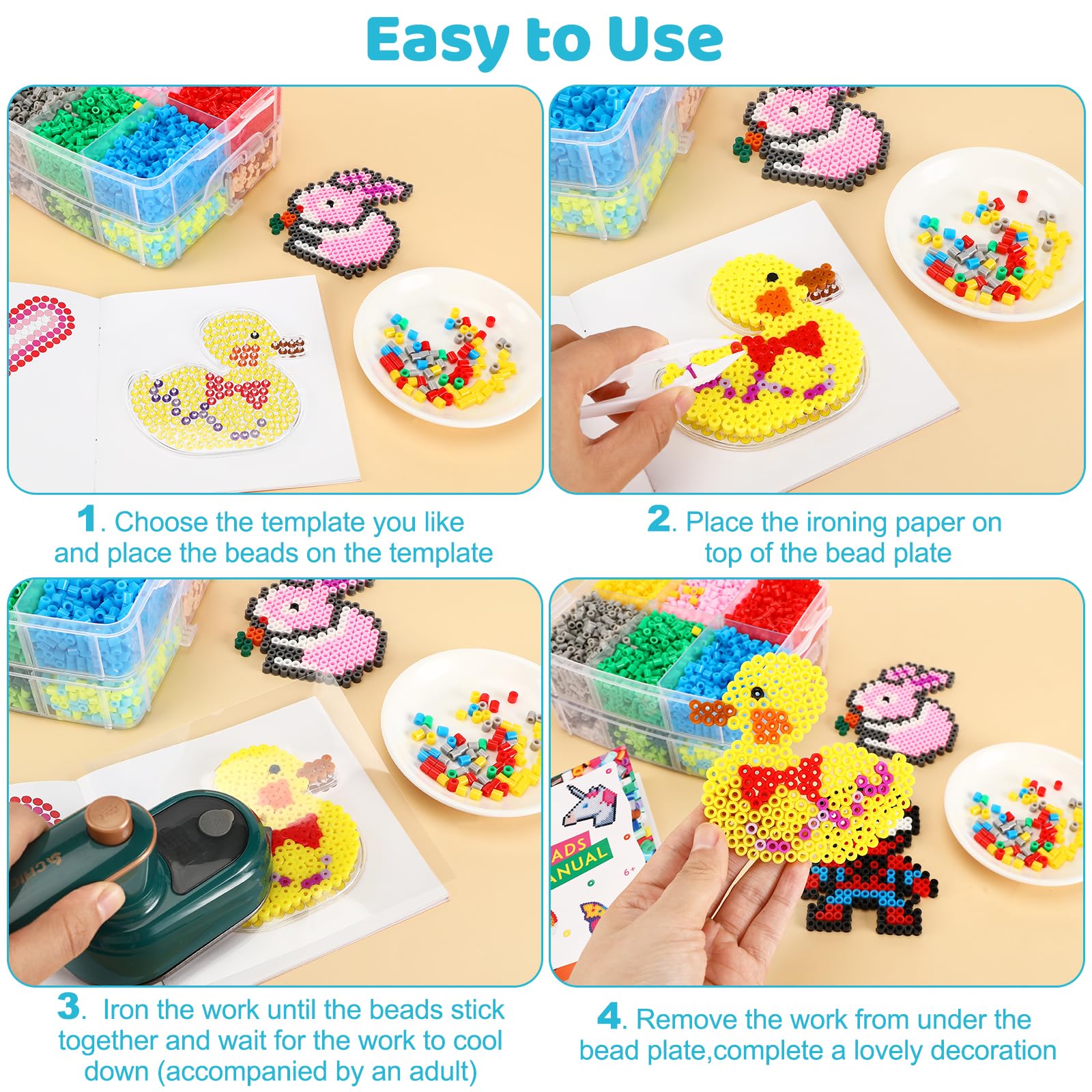 10000 Cuentas para Planchar, Abalorios Fusibles de 5 mm con Caja de Almacenamiento, Guía de Usuario y Placa de Planchado para Ideas de Bricolaje Regalos de Cumpleaños para Niños(20 Colores)