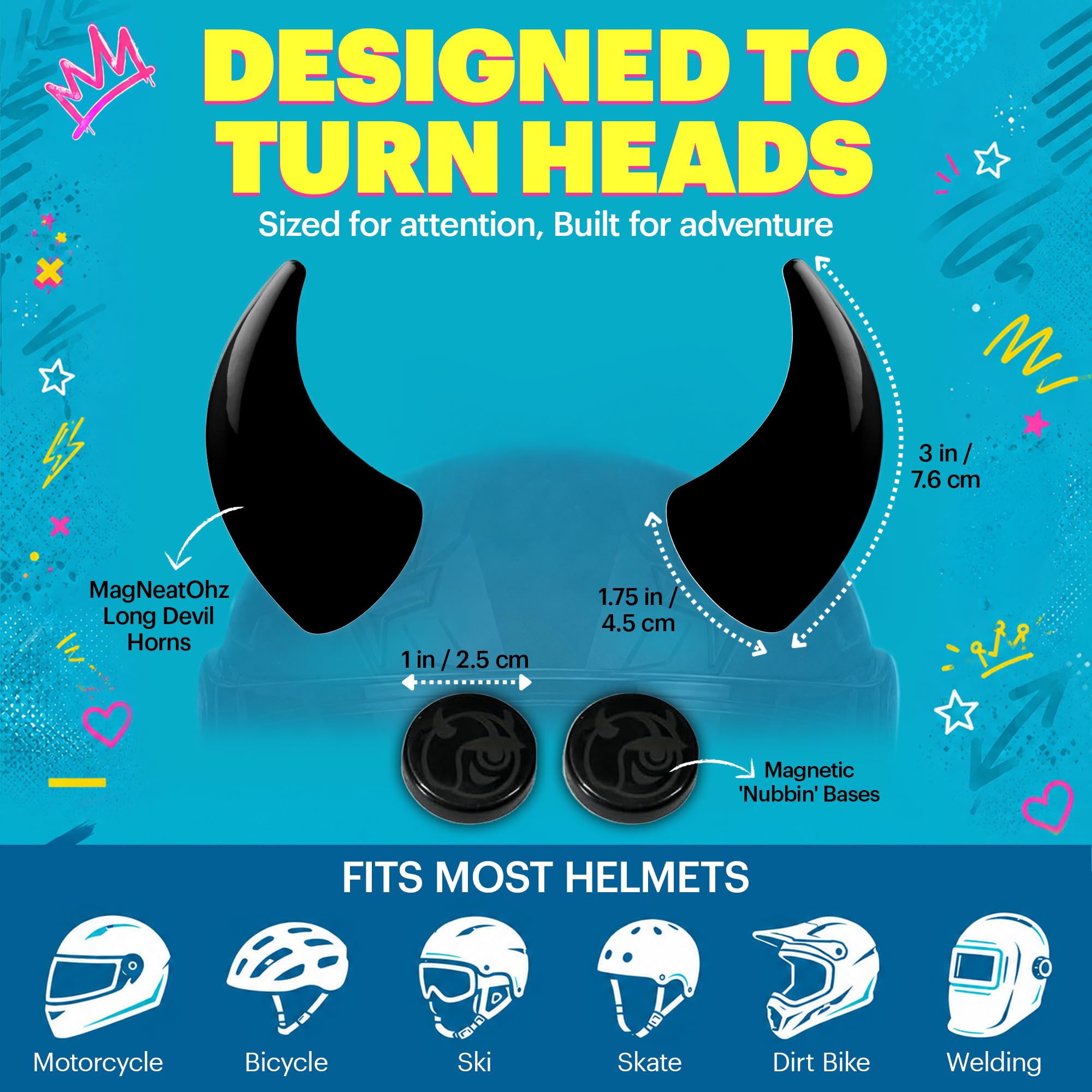 Helmet Flair MagNeatOhz Large Black Devil Horns for Helmet | Made in USA | Magnetic & Interchangeable Horns for Motorcycle, Bike & Ski Helmets