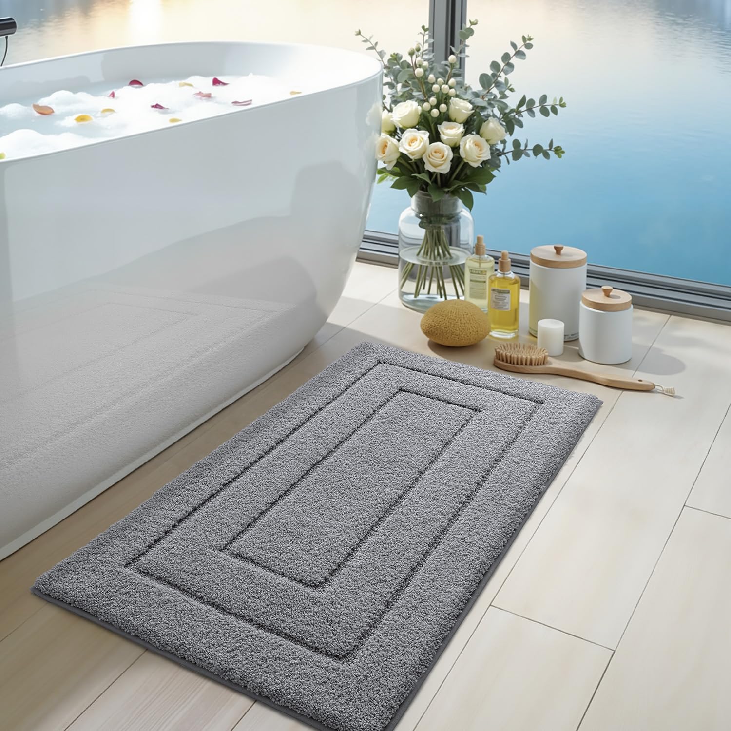 tchdio Waffle Bath Mat Rug, Super Absorbent Non Slip Bath Mats Ultra Soft Bathmat Machine Washable Bathroom Rugs with Tassels, Bath Rugs for Bathroom Floor Beside Tub, 17 x 24, Brown