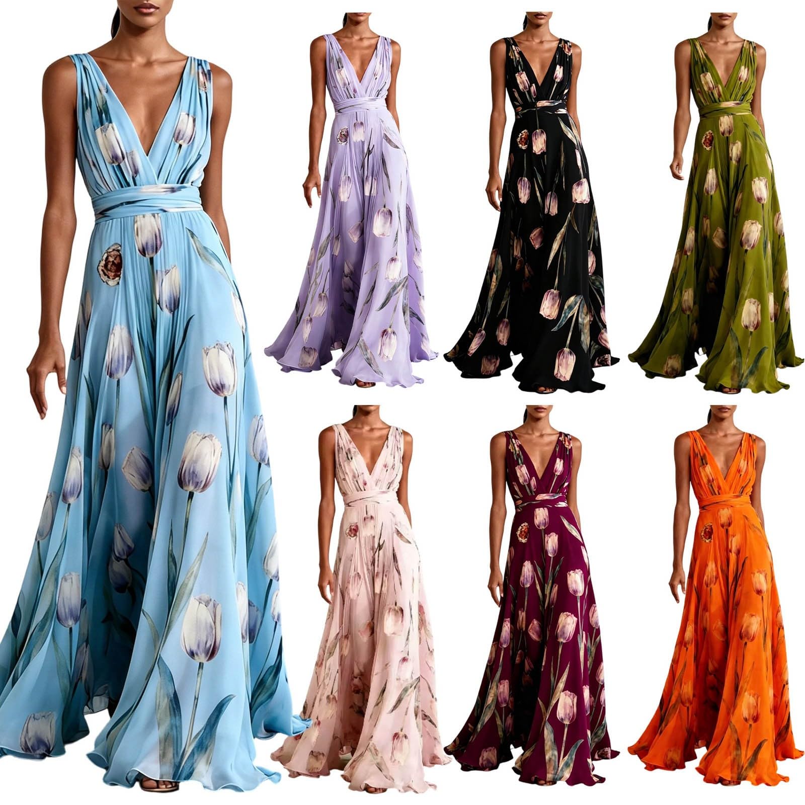 Sommerkleid Damen, Kleid Hochzeitsgast Damen Curvy Lang Abendkleider Elegant Für Hochzeit Gast Chiffon Festliche Kleider Sommer A Linie Ballkleid V Ausschnitt Tailliert Partykleid Blumen Maxikleider