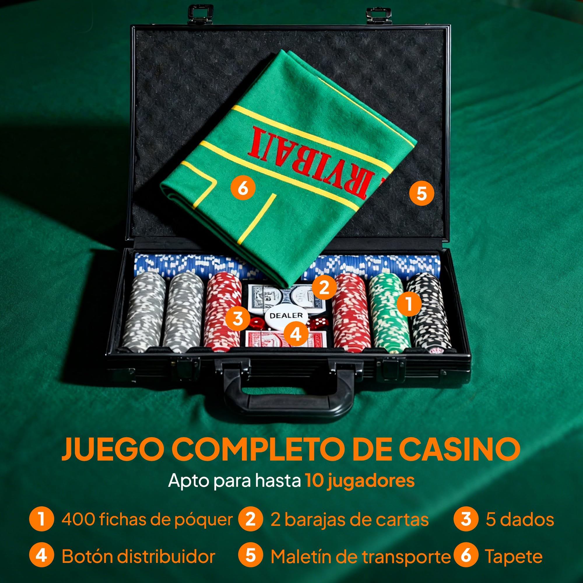 SPORTNOW Juego de Póker Profesional, Maletín de Póker con 400 Fichas de 11,5 g, 2 Barajas de Cartas, 5 Dados, Tapete y Botón de Crupier, para 9-10 Jugadores, Gris