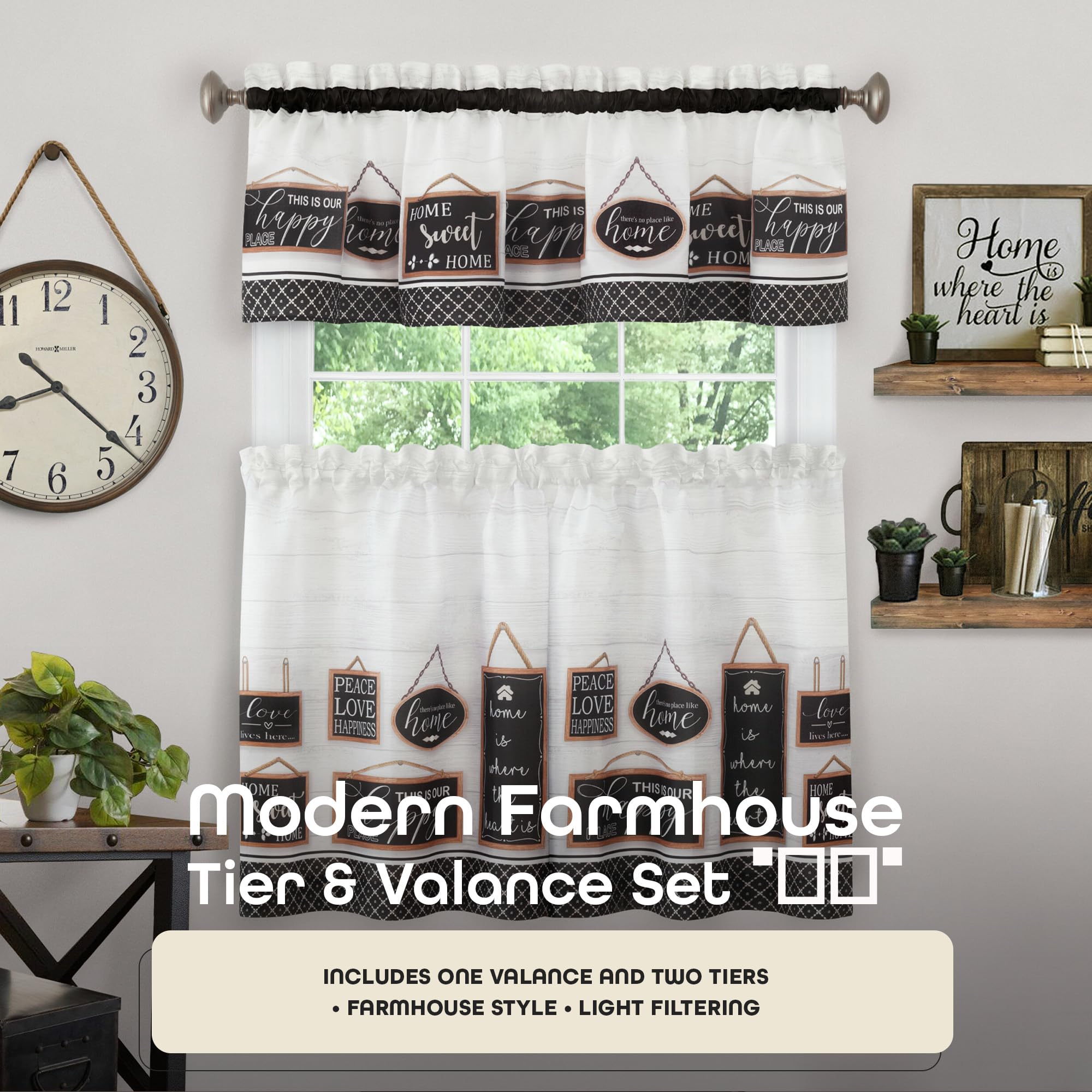 Light Filtering Printed Tier & Valance Window Curtain Set - 36 Inch Length, 58 Inch Width - Modern Farmhouse (Black), Machine Washable Drape for Kitchen, Living, & Dining Room by Achim Home Decor