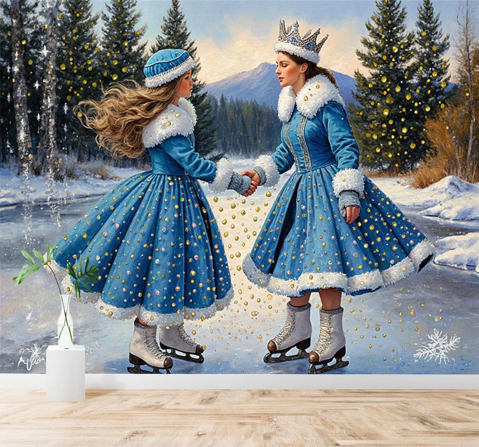 Xlming Girls 350Cm×256Cm(B×H) Winter Ice Skating Scene In A Blue Dress Snowy Ground Forest 3D Wallpaper Silky Texture Home Study Office Grey Dining Room Sofa Bedroom Living Room Tv Backdrop-350Cm×256Cm