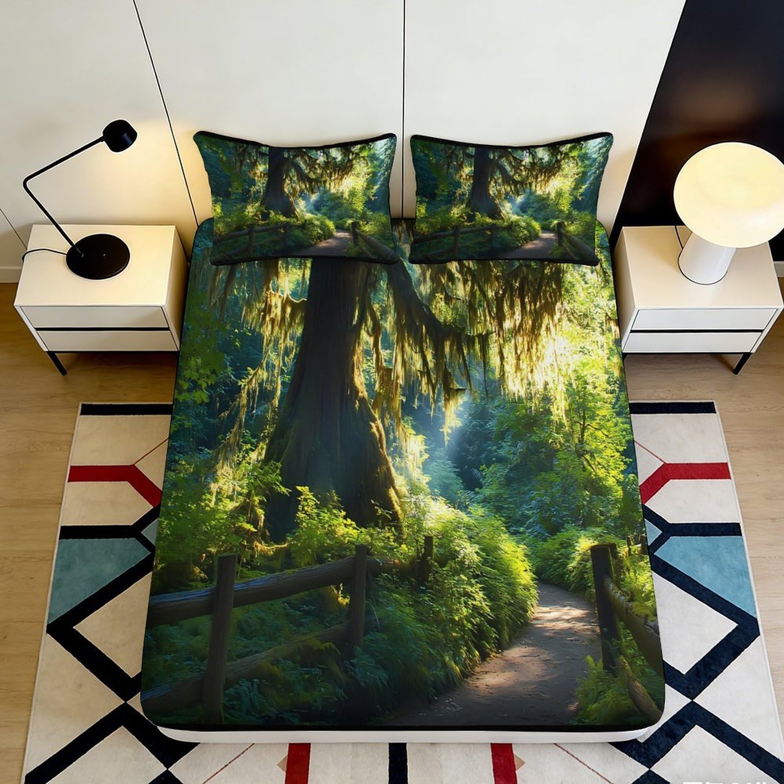 3D Printed Forest Path Fitted Sheet Microfiber Soft Green Tree Mattress Cover for Bedroom Dorm Decor Protection 90x200x25cm