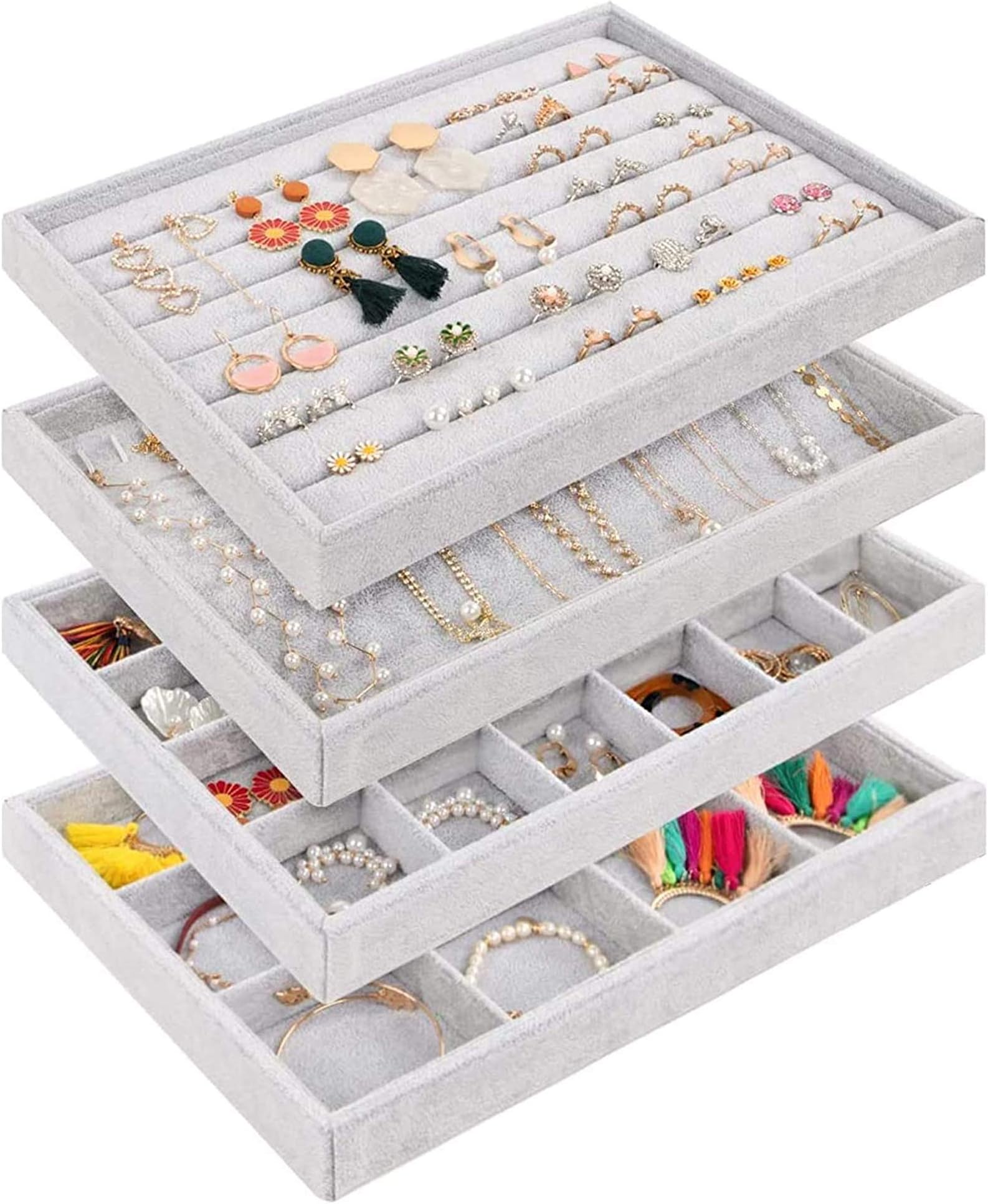 Mebbay Jewelry Organizer Drawer Set of 4, 13.9" Stackable Jewelry Organizer Trays for Earring, Necklace, Bracelet, Ring (Grey)