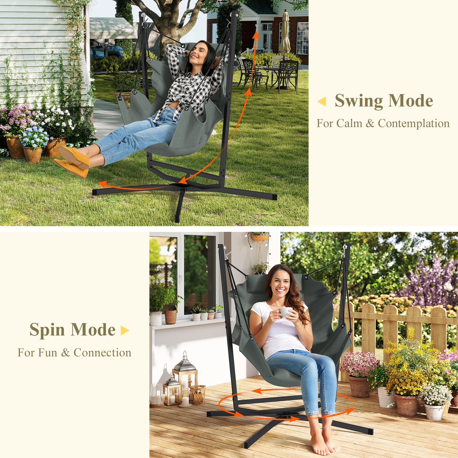 Fauteuil suspendu avec coussin, charge maximale de 180 kg, avec structure, pivotant à 360°, pour l'intérieur et l'extérieur, pour chambre à coucher, terrasse, véranda, terrasse, jardin, balcon (gris)