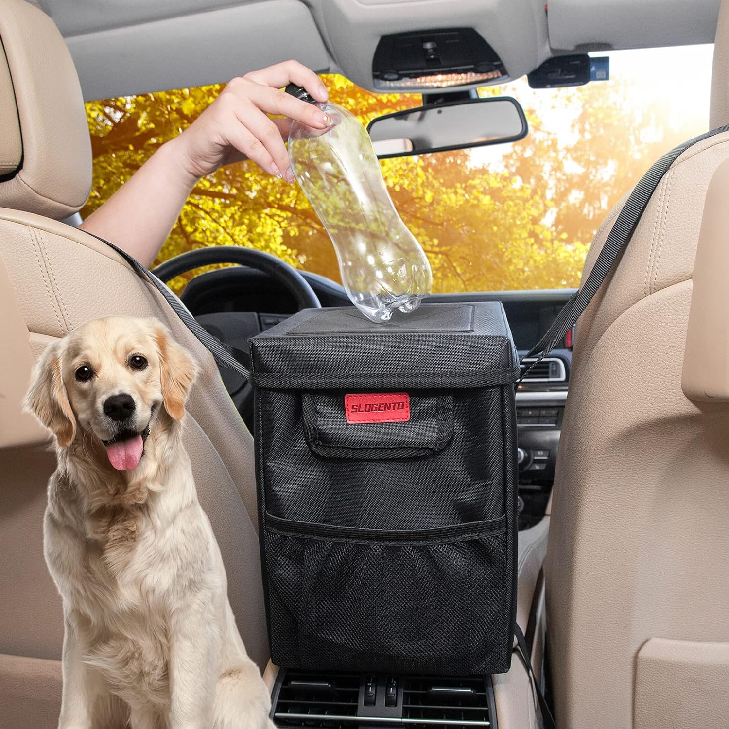 Hanging Car Trash Bag with Lid, Collapsible Garbage Bag with Pockets, Car Garbage Can for Central Control Leak-Proof Storage Organizer Box 1.76 Gallon Capacity Multipurpose Trash Bin