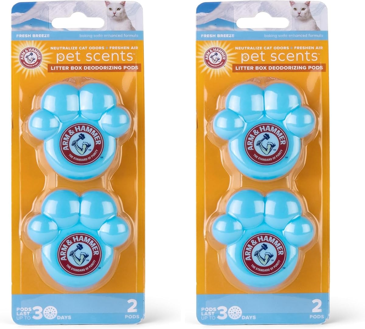 Arm & Hammer Pets Cat Litter Box Deodorizing Pods 2 pods, Fresh Breeze Scent | 2 Cat Litter Box Deodorizer from Arm and Hammer | Combats Cat Odors | 2 Adhesive Devices (Pack of 2)