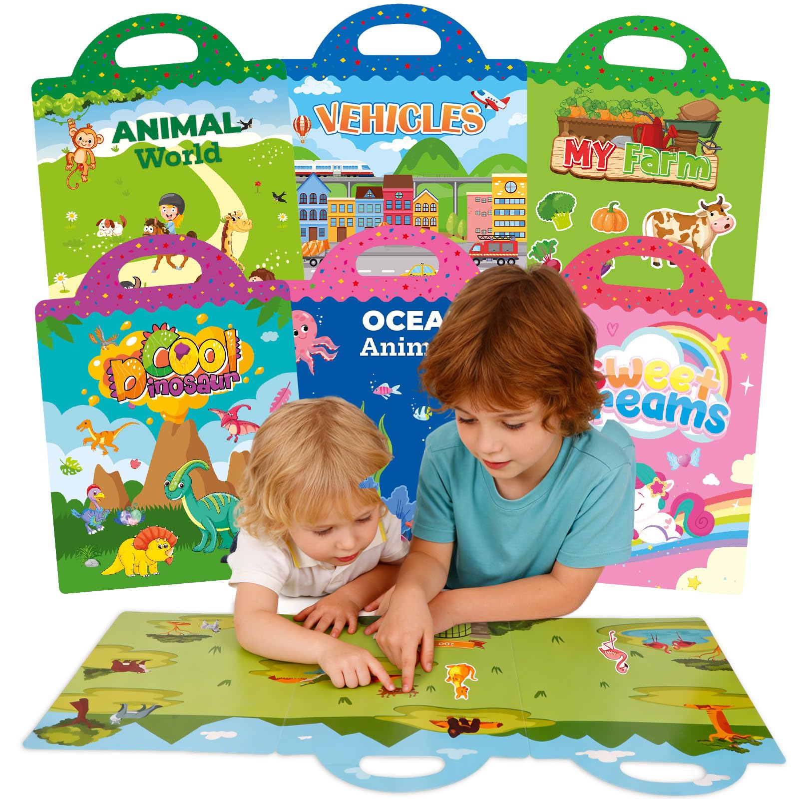Reusable Sticker Books for Toddlers, Toddler Sticker Books for 2+ Year olds Kids Boys Girls Gifts Toys 6 Pack(Animals Vehicles Farm Dinosaurs Ocean Dreams) — image 1