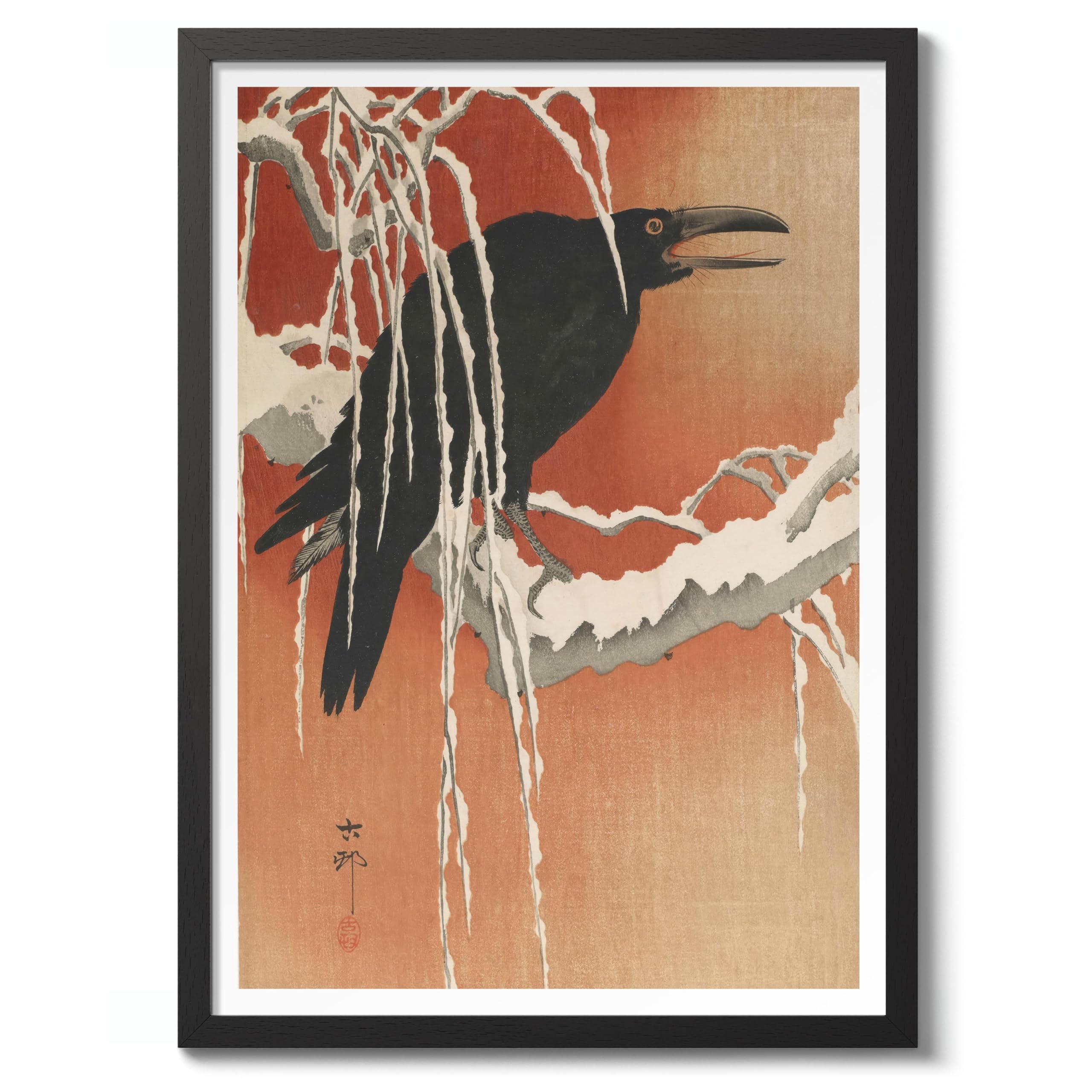 Crow On A Snowy Branch At Sunset Ohara Koson Poster, Japanese Woodblock Ukiyo-E Print, Vintage Bird Art Picture Animal Painting Wall Art, Birds Home Decor, A1 (Black Frame) - 86.9x62.4cm โ image 1