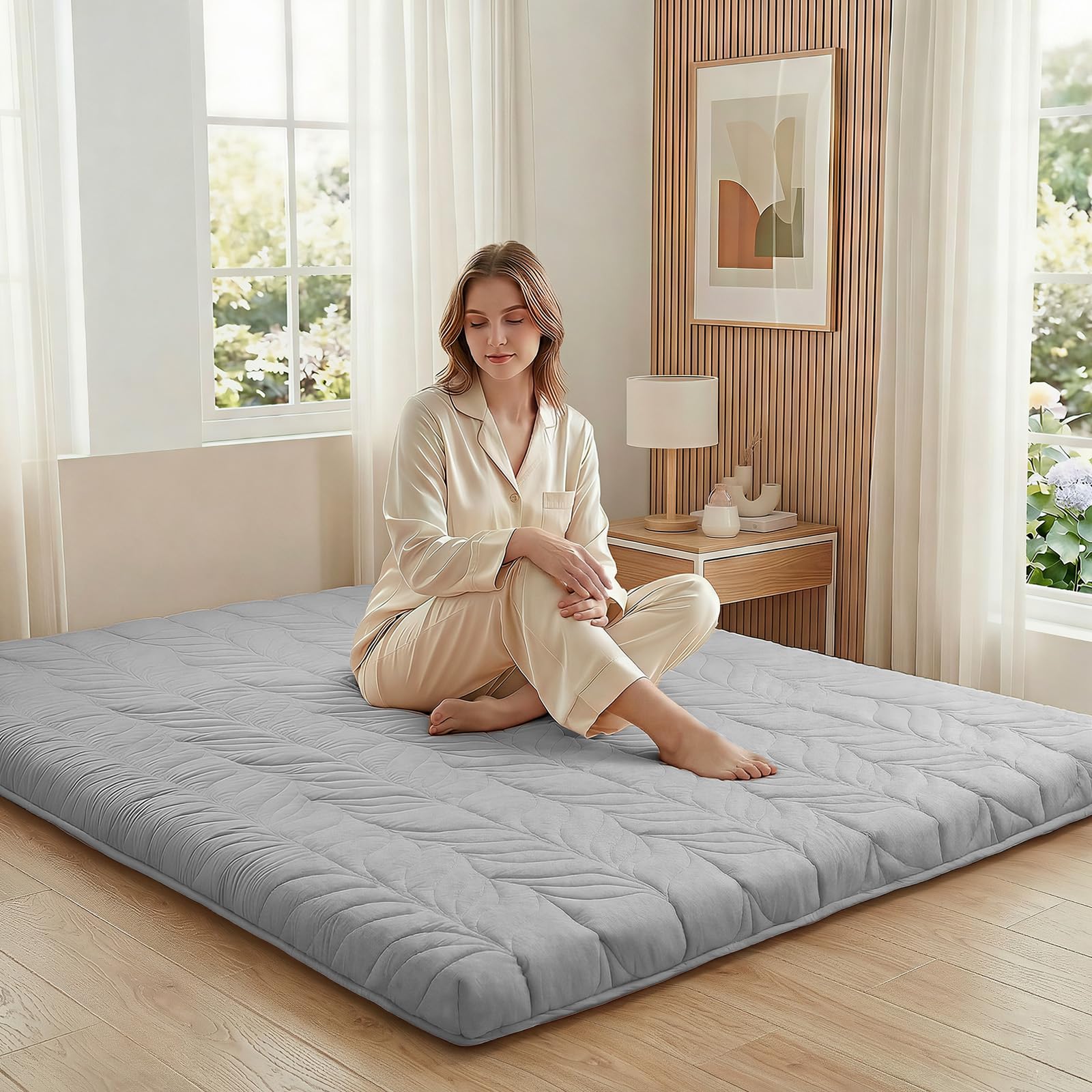 Photo 1 of ZonLi Japanese Floor Mattress Futon Mattress King Size, 4" Thicken Roll Up Tatami Mat 100% Cotton Washable Cover, Portable & Foldable Floor Bed Mattress for Sleeping, Dormitory, Adult, Grey