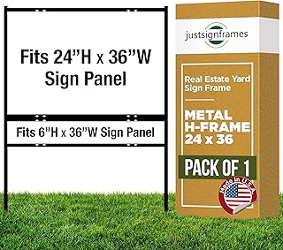 Real Estate Yard Sign Metal H-Frame (Pack of 1), Easy Slide-In Open House Signs for Real Estate, Durable Yard Signs, Compatible with 1/8-Inch Thick Sign Panels - 24 x 36 Slide-In with Rider, Black