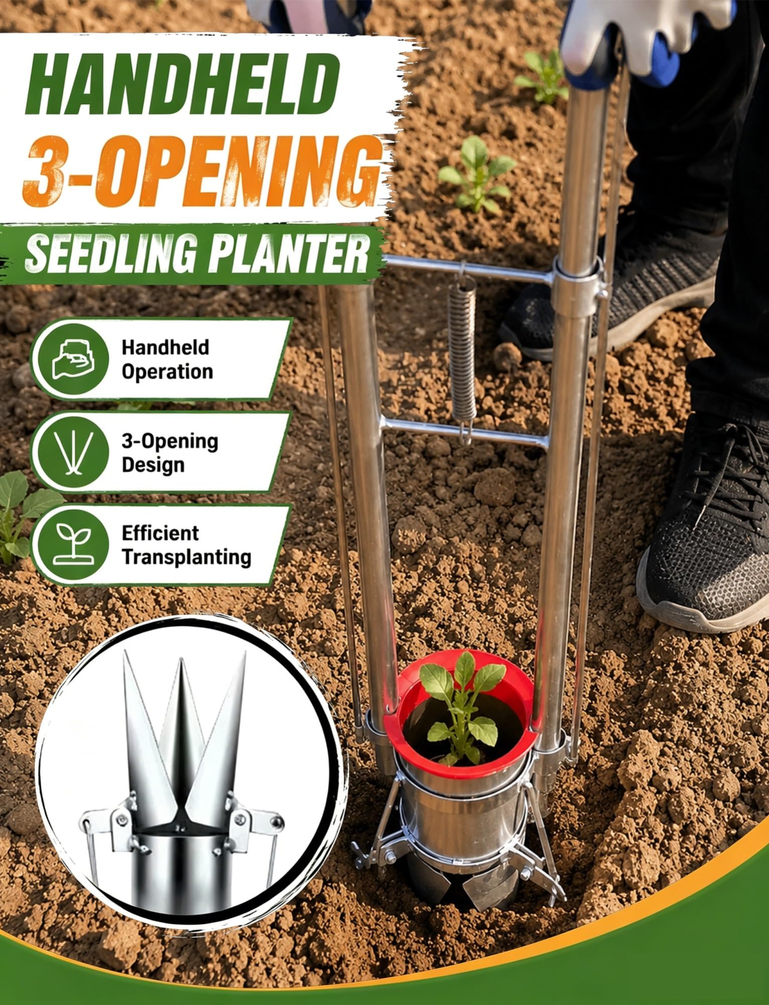 Générique Transplanteur de semis Manuel à 3 Ouvertures, Outil de Plantation à Long Manche pour Un Jardinage Efficace(0.33 Feet,20 cm/0.66 Feet)