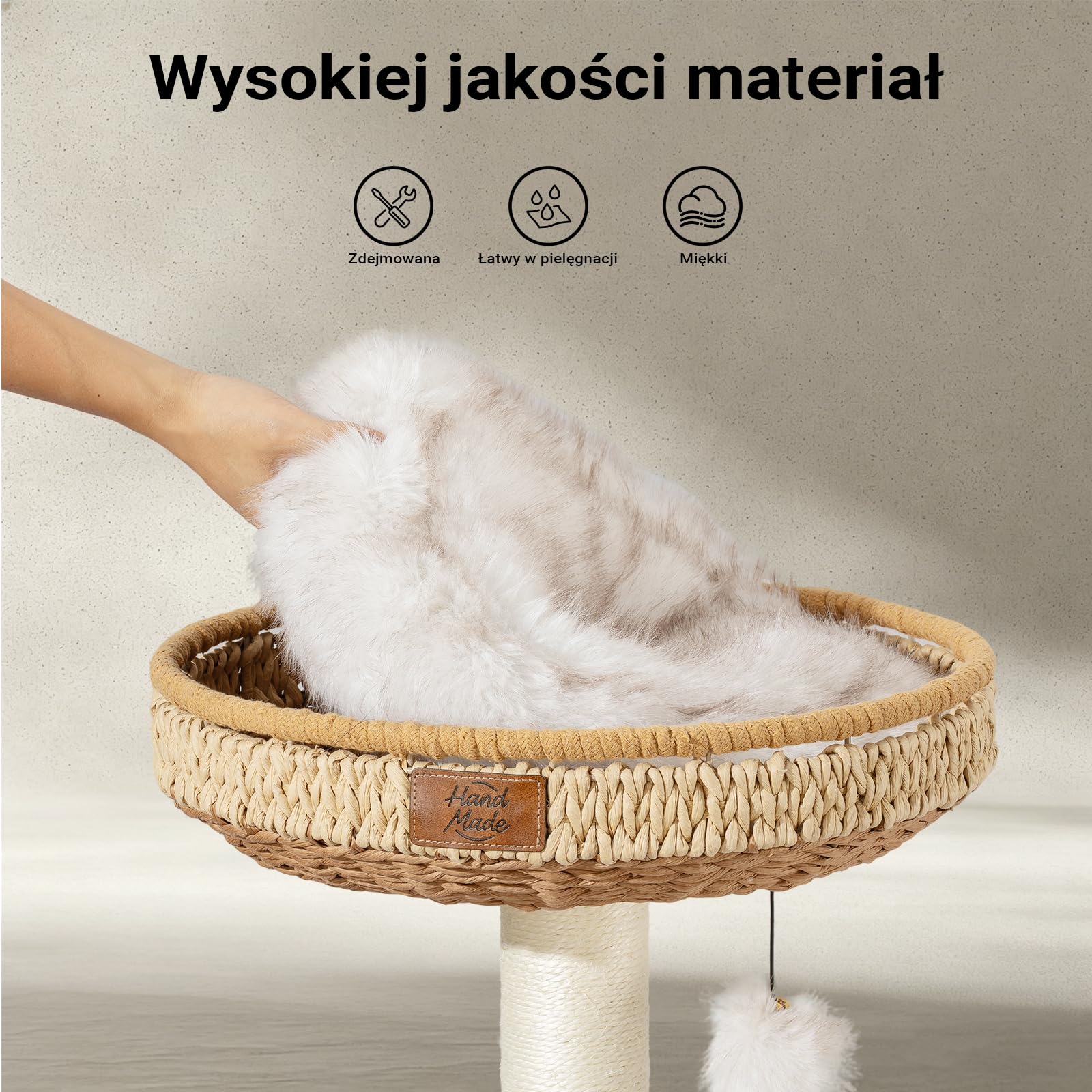 Fudajo Forest Lodge 117 cm drapak w kolorze beżowym, drapak z domkiem dla kota, legowiskiem, elementem do masażu i słupkami do drapania z papierowej liny