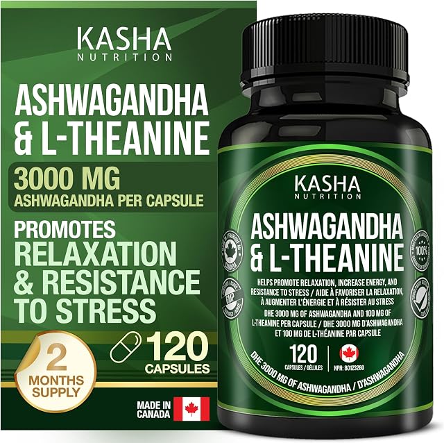 Ashwagandha Supplement 3000 mg and L-theanine 100 mg Per Capsule | High Potency 10:1 Extract, Expert Formulated | Resistance to Stress, Promote Relaxation, Energy, Memory Enhancement, Sleep Aid & Rejuvenative Tonic | Proudly Canadian | No Additives (