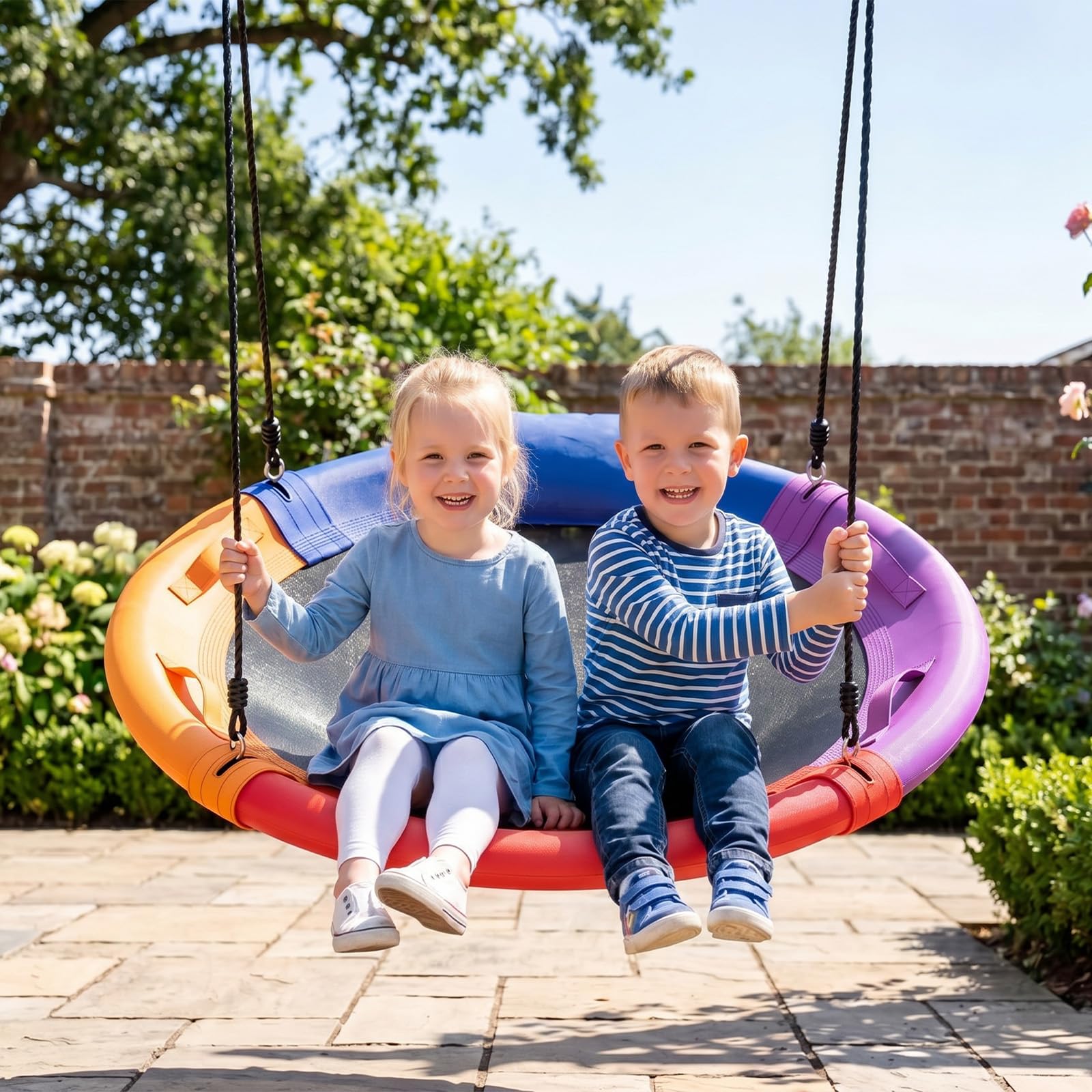 COSTWAY Altalena da Giardino per Bambini 120 cm, Sedia Sospesa Giardino con Telaio in Metallo, Poggiatesta Rimovibile, Lunghezza Regolabile, Portata 150 kg, per Cortile Giardino